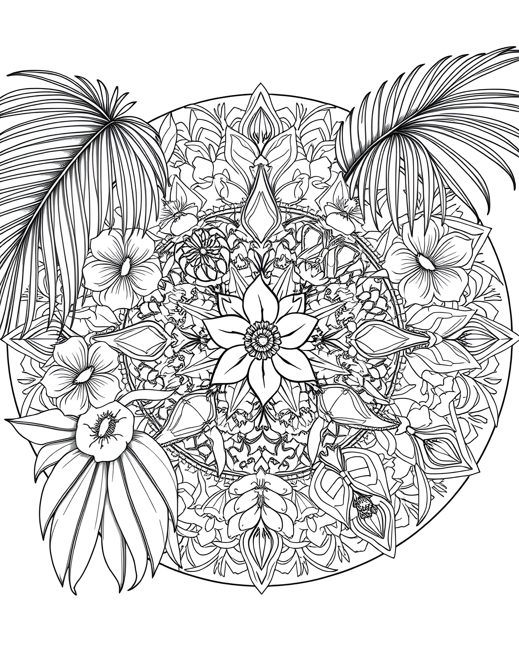 Tropical Paradise Mandala Coloring Page -- prompt: "A circular mandala composed of tropical elements like palm leaves, exotic flowers, and island creatures arranged in a symmetrical design." -- Escape to a sun-soaked island with this tropical mandala. Palm fronds, exotic flowers, and playful creatures form a lush circular design. Let the warmth and vibrancy of the tropics inspire your color choices.