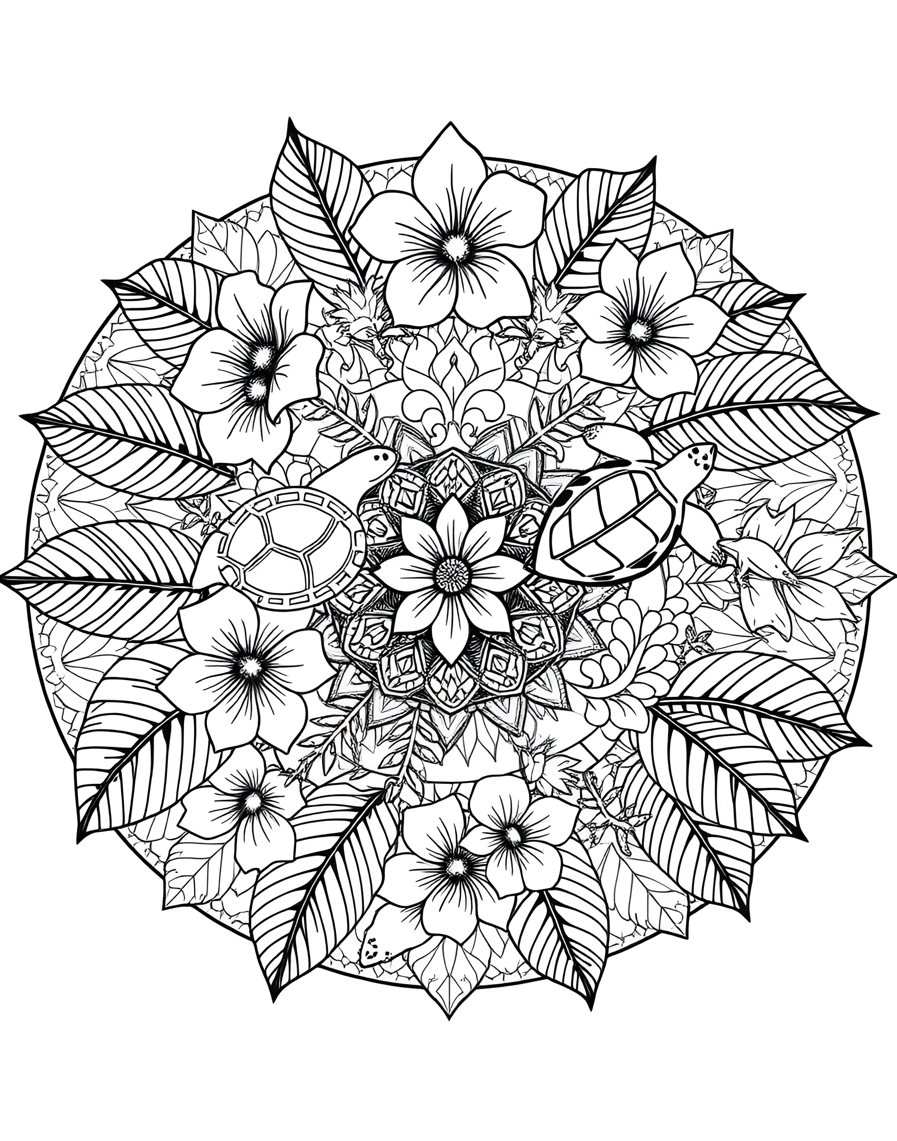 Tropical Paradise Mandala Coloring Page -- prompt: "A circular mandala composed of tropical elements like palm leaves, exotic flowers, and island creatures arranged in a symmetrical design." -- Escape to a sun-soaked island with this tropical mandala. Palm fronds, exotic flowers, and playful creatures form a lush circular design. Let the warmth and vibrancy of the tropics inspire your color choices.