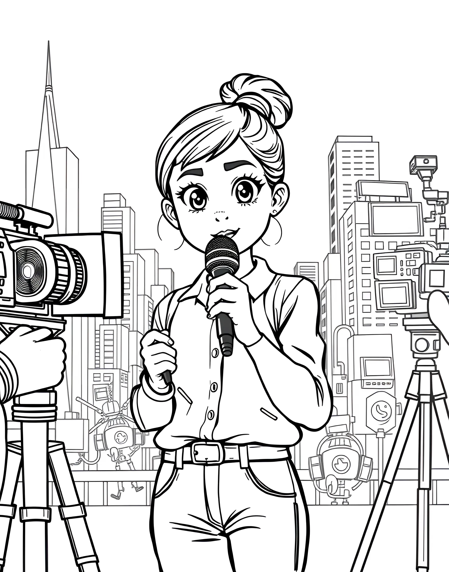 Young Journalist Reporting the News Coloring Page -- prompt: "A girl journalist reporting live with a microphone in front of a camera crew at a newsworthy event." -- Inspire future reporters with this engaging journalist coloring page. A young girl holds a microphone, reporting live from an exciting event. The bustling background, camera crew, and notepad full of story ideas provide numerous elements to color while promoting interest in current events and storytelling.