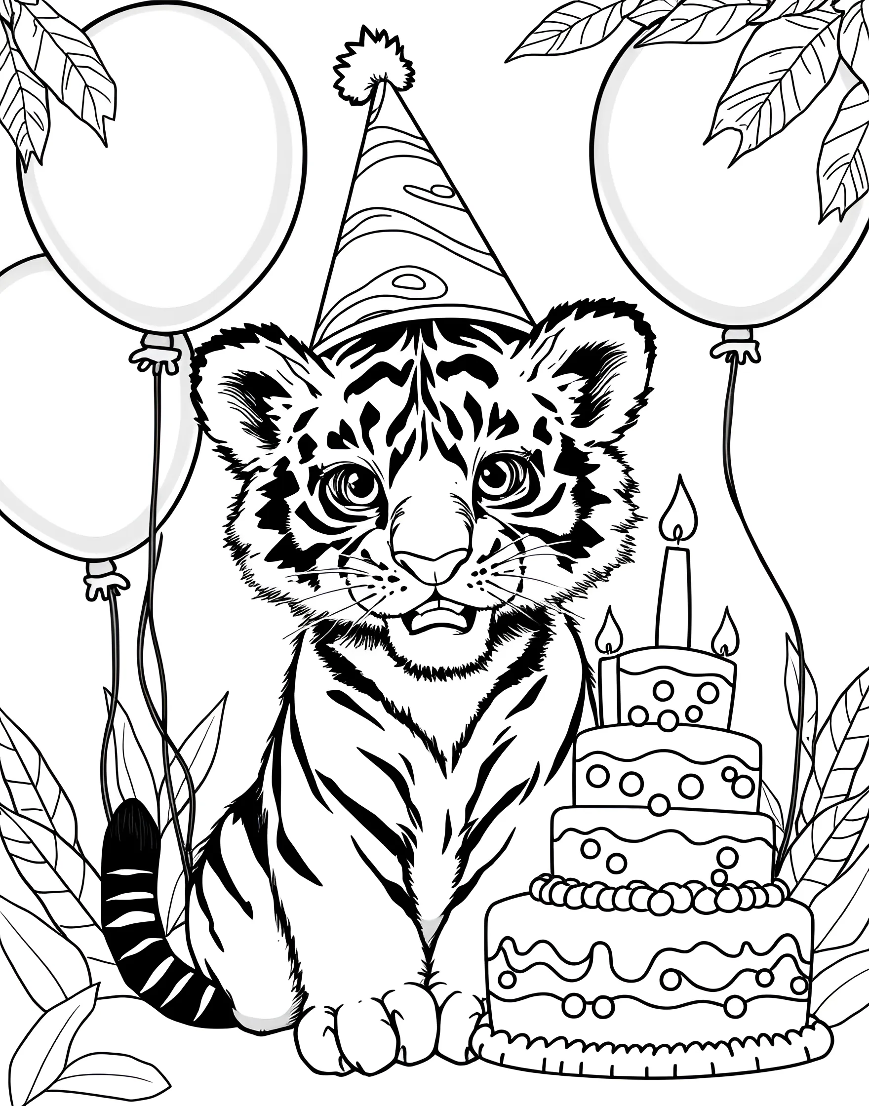 Tiger Cub First Birthday Party Coloring Page -- prompt: "A tiger cub wearing a party hat, surrounded by balloons and a birthday cake." -- Celebrate with this festive coloring page of a tiger cub's first birthday party! The cub is wearing a party hat and surrounded by balloons and a birthday cake. This cheerful scene is great for young children and perfect for birthday-themed coloring sessions.