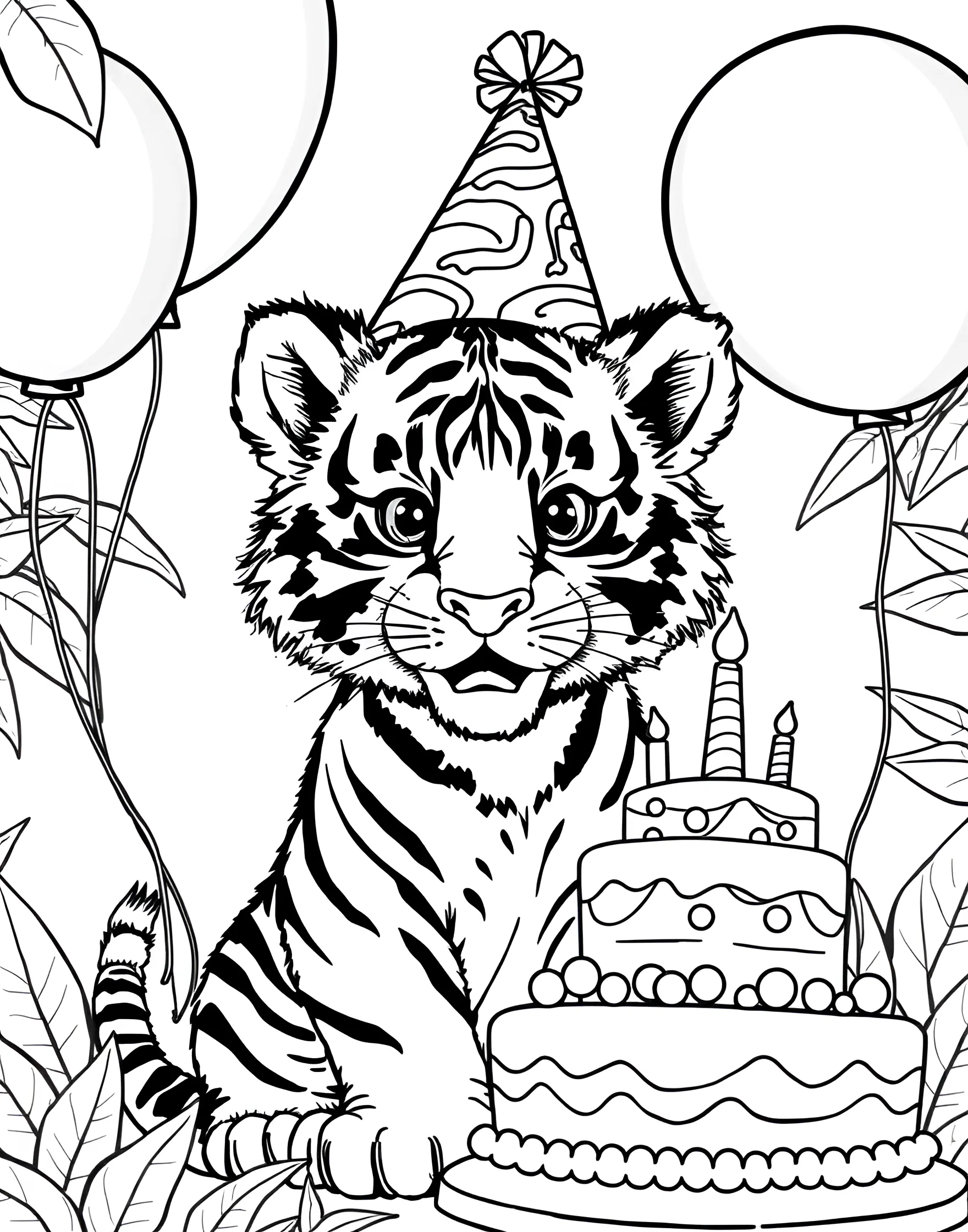 Tiger Cub First Birthday Party Coloring Page -- prompt: "A tiger cub wearing a party hat, surrounded by balloons and a birthday cake." -- Celebrate with this festive coloring page of a tiger cub's first birthday party! The cub is wearing a party hat and surrounded by balloons and a birthday cake. This cheerful scene is great for young children and perfect for birthday-themed coloring sessions.