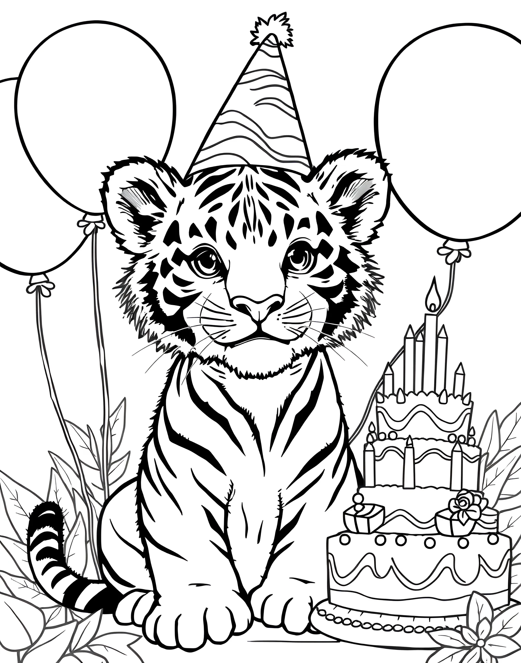 Tiger Cub First Birthday Party Coloring Page -- prompt: "A tiger cub wearing a party hat, surrounded by balloons and a birthday cake." -- Celebrate with this festive coloring page of a tiger cub's first birthday party! The cub is wearing a party hat and surrounded by balloons and a birthday cake. This cheerful scene is great for young children and perfect for birthday-themed coloring sessions.