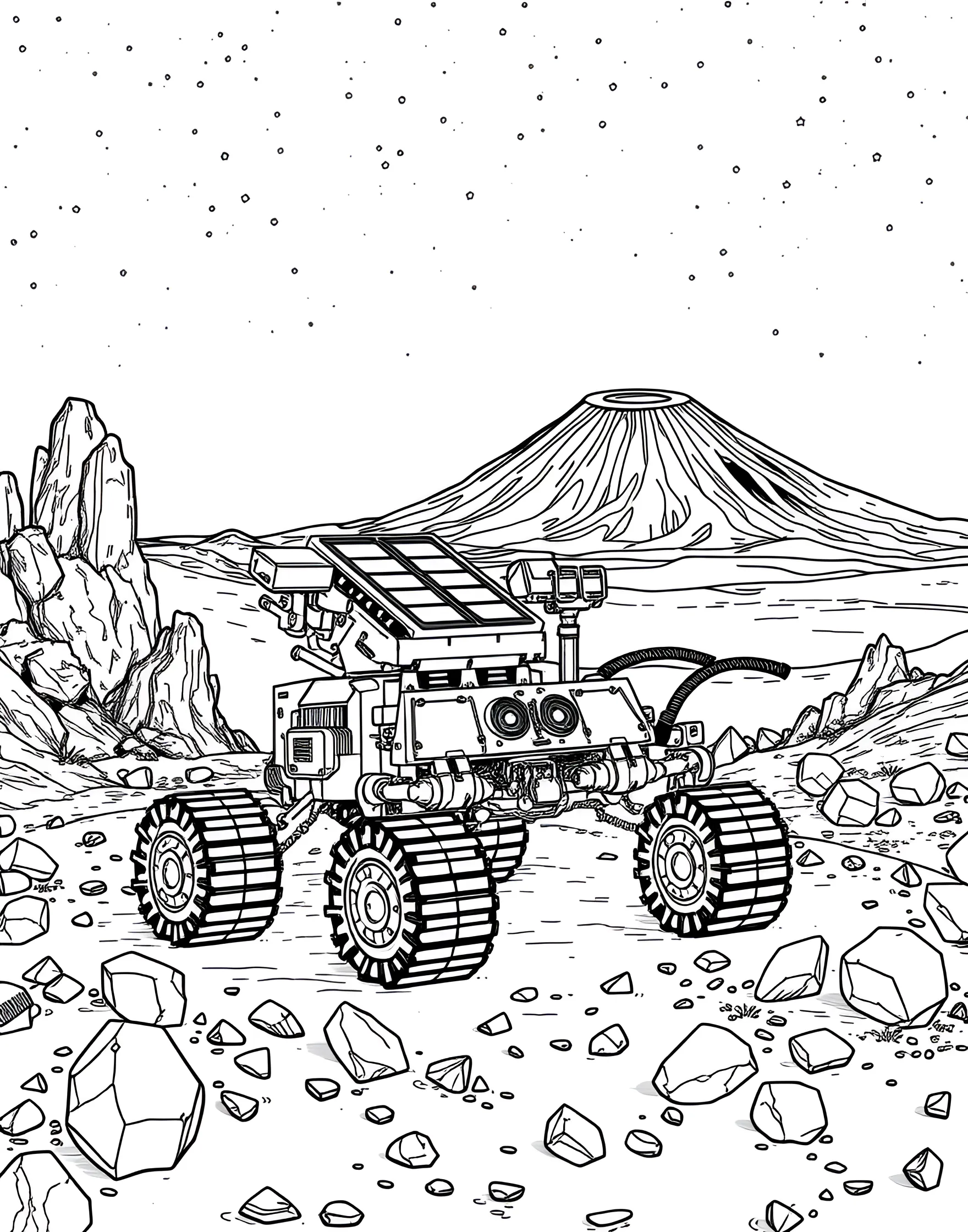 Martian Rover Exploration Coloring Page -- prompt: "A Mars rover exploring a rocky Martian landscape with Olympus Mons visible in the background." -- Join the mission to explore Mars with this fascinating rover coloring page. The intrepid robot is shown navigating the rocky Martian landscape, its various scientific instruments on display. In the background, you can see Mars' distinctive features like Olympus Mons, providing a glimpse into the Red Planet's alien terrain.