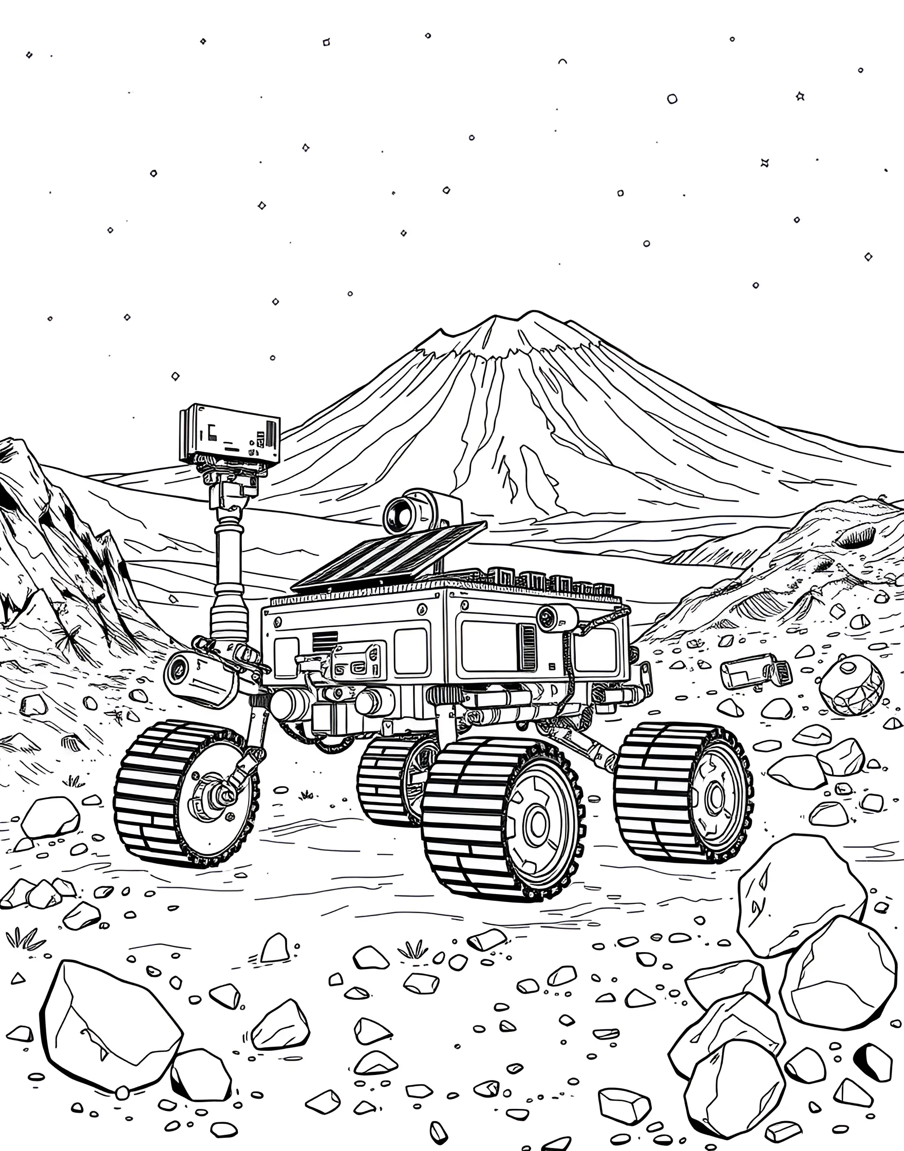 Martian Rover Exploration Coloring Page -- prompt: "A Mars rover exploring a rocky Martian landscape with Olympus Mons visible in the background." -- Join the mission to explore Mars with this fascinating rover coloring page. The intrepid robot is shown navigating the rocky Martian landscape, its various scientific instruments on display. In the background, you can see Mars' distinctive features like Olympus Mons, providing a glimpse into the Red Planet's alien terrain.