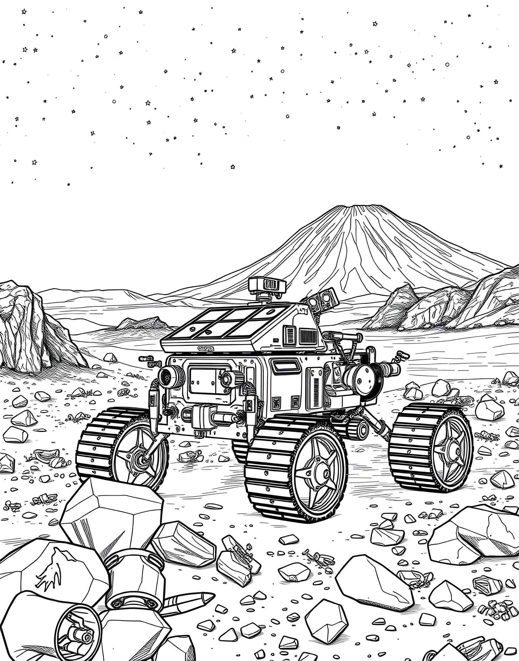 Martian Rover Exploration Coloring Page -- prompt: "A Mars rover exploring a rocky Martian landscape with Olympus Mons visible in the background." -- Join the mission to explore Mars with this fascinating rover coloring page. The intrepid robot is shown navigating the rocky Martian landscape, its various scientific instruments on display. In the background, you can see Mars' distinctive features like Olympus Mons, providing a glimpse into the Red Planet's alien terrain.