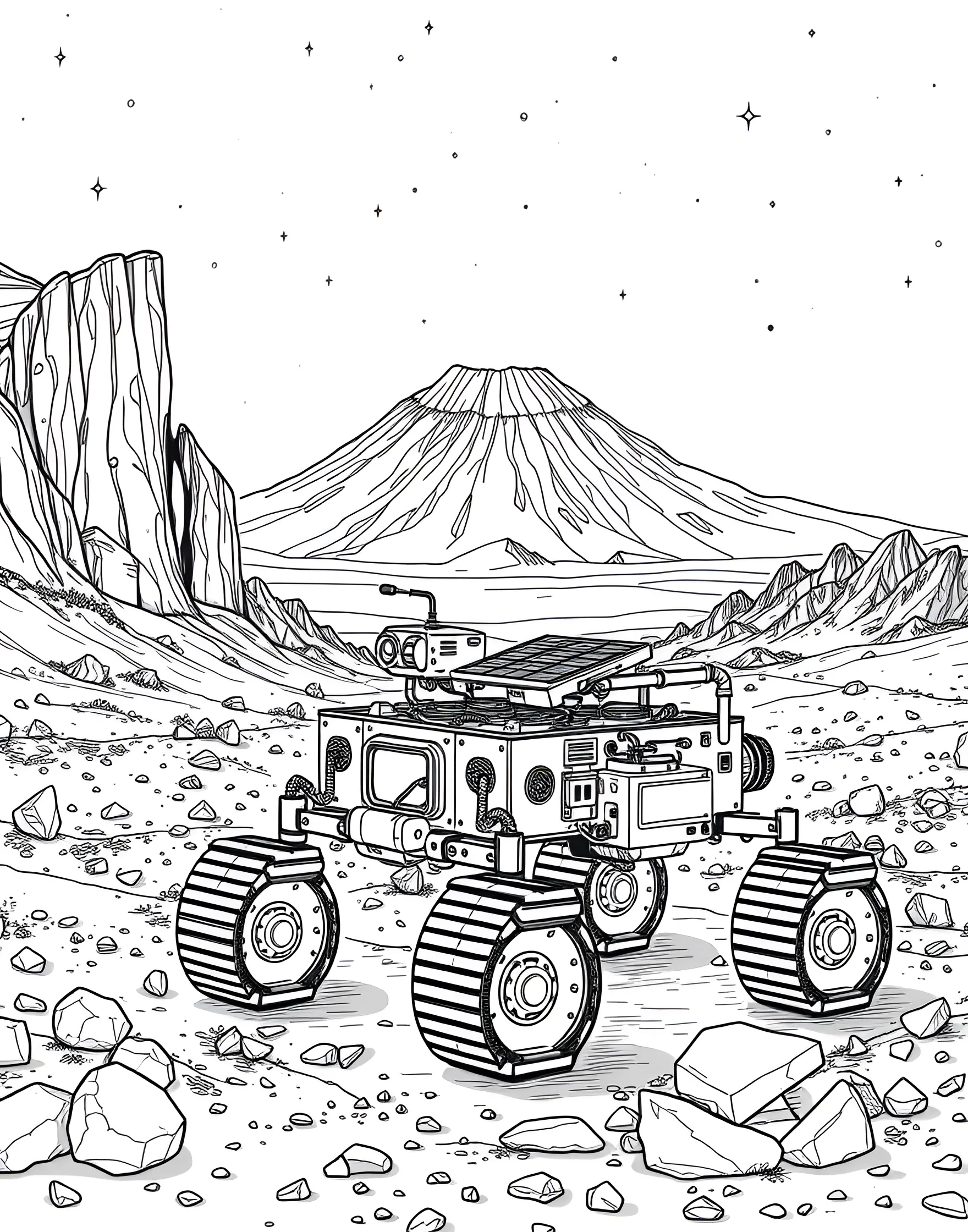 Martian Rover Exploration Coloring Page -- prompt: "A Mars rover exploring a rocky Martian landscape with Olympus Mons visible in the background." -- Join the mission to explore Mars with this fascinating rover coloring page. The intrepid robot is shown navigating the rocky Martian landscape, its various scientific instruments on display. In the background, you can see Mars' distinctive features like Olympus Mons, providing a glimpse into the Red Planet's alien terrain.