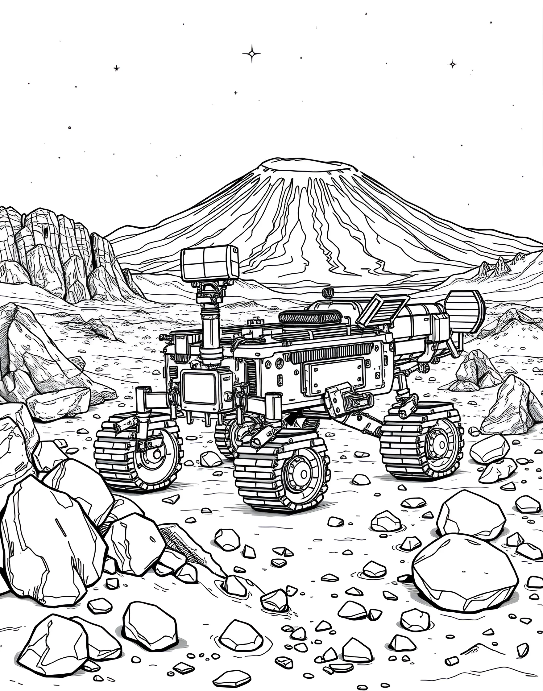 Martian Rover Exploration Coloring Page -- prompt: "A Mars rover exploring a rocky Martian landscape with Olympus Mons visible in the background." -- Join the mission to explore Mars with this fascinating rover coloring page. The intrepid robot is shown navigating the rocky Martian landscape, its various scientific instruments on display. In the background, you can see Mars' distinctive features like Olympus Mons, providing a glimpse into the Red Planet's alien terrain.