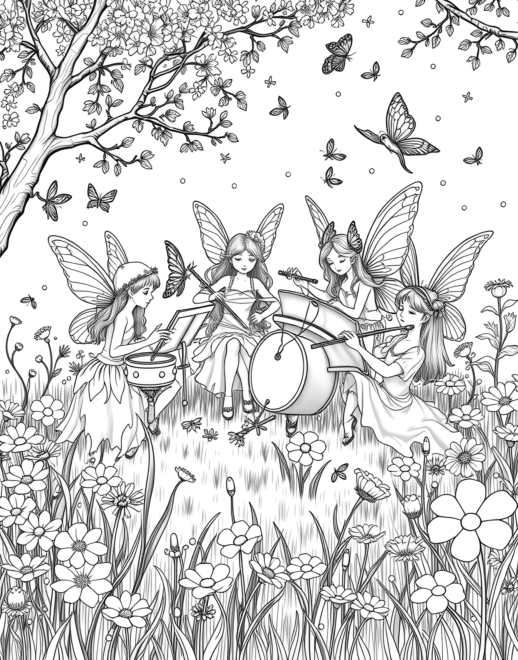 Fairy Music Festival in the Meadow Coloring Page -- prompt: "A group of fairies playing music on instruments made from natural objects, with other fairies and woodland creatures dancing in a meadow." -- Experience the joy of a fairy music festival with this lively coloring page. Fairies play various instruments made from natural objects like acorn caps and grass blades. The audience of fairies and woodland creatures dance and cheer, creating a scene full of movement and merriment to color.