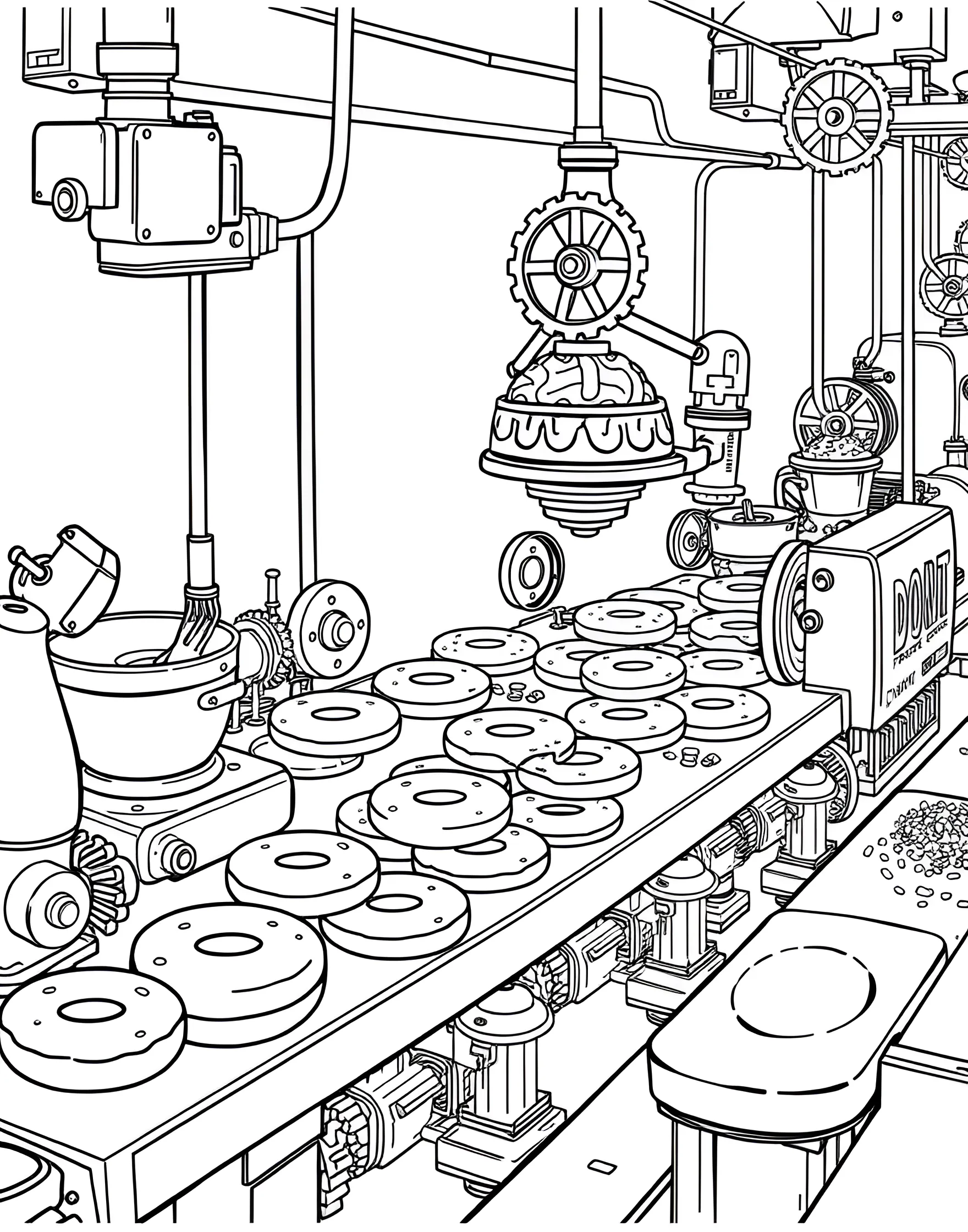 Donut Factory Assembly Line Coloring Page -- prompt: "A donut factory assembly line showing different stages of donut production." -- Peek behind the scenes of donut production with this fascinating factory assembly line coloring page. The image showcases various stages of donut making, from shaping the dough to glazing and decorating. It's an educational and entertaining page that offers insight into how our favorite treats are made.