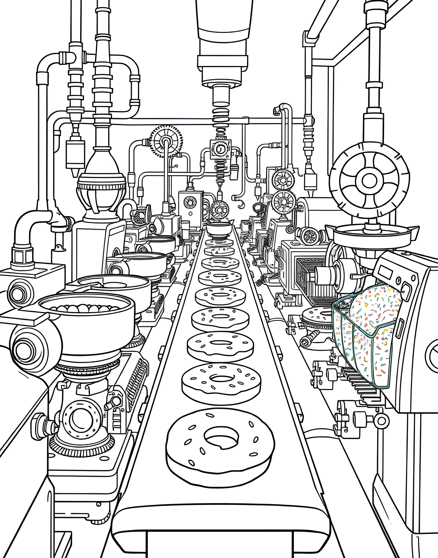 Donut Factory Assembly Line Coloring Page -- prompt: "A donut factory assembly line showing different stages of donut production." -- Peek behind the scenes of donut production with this fascinating factory assembly line coloring page. The image showcases various stages of donut making, from shaping the dough to glazing and decorating. It's an educational and entertaining page that offers insight into how our favorite treats are made.