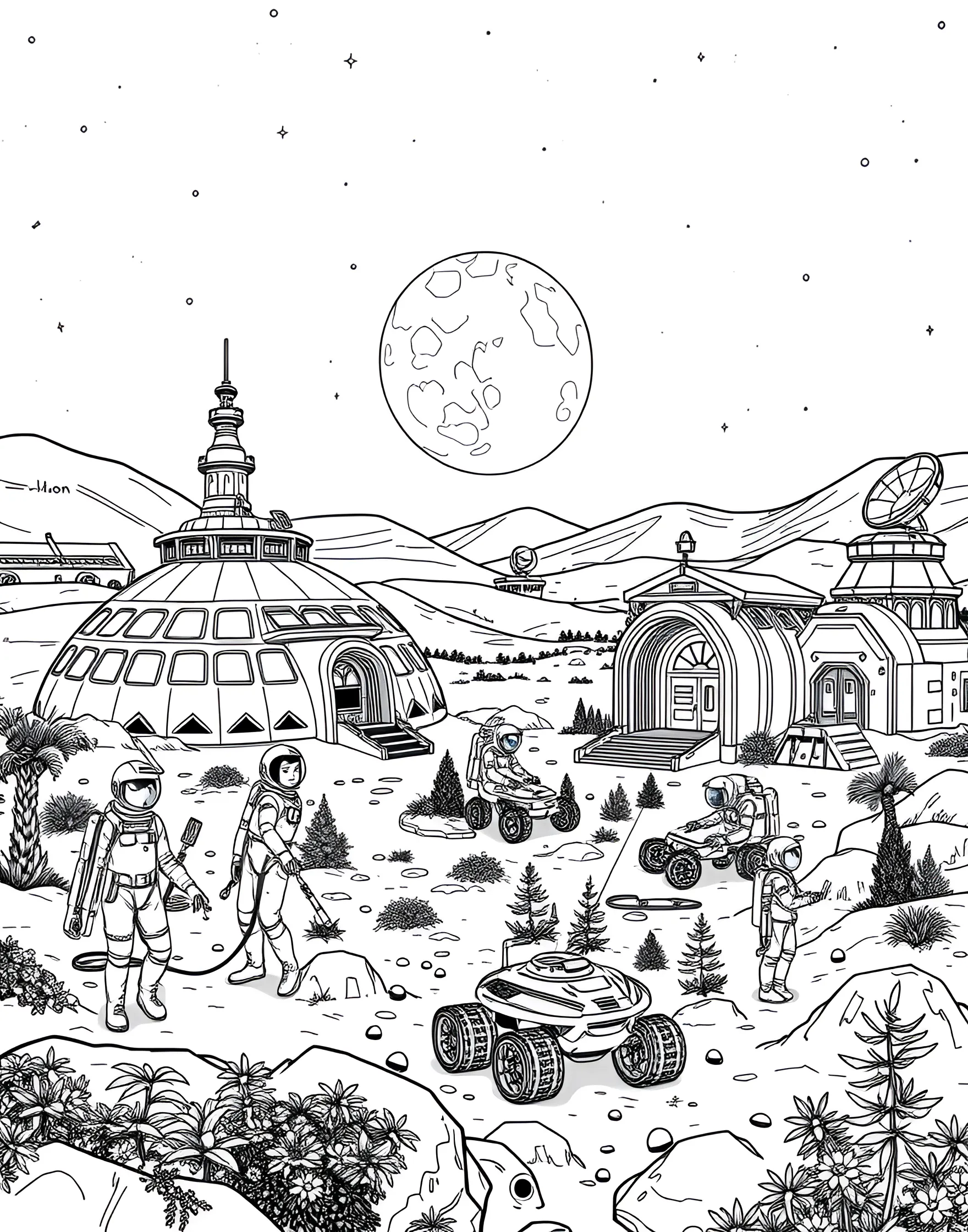 Lunar Base of the Future Coloring Page -- prompt: "A futuristic lunar base with domed habitats, solar panels, and rovers on the moon's surface, with Earth visible in the sky." -- Imagine humanity's future on the Moon with this detailed lunar base coloring page. The scene shows a complex of domed habitats, solar panels, and rovers exploring the lunar surface. In the background, Earth hangs in the sky, reminding us of our home planet.