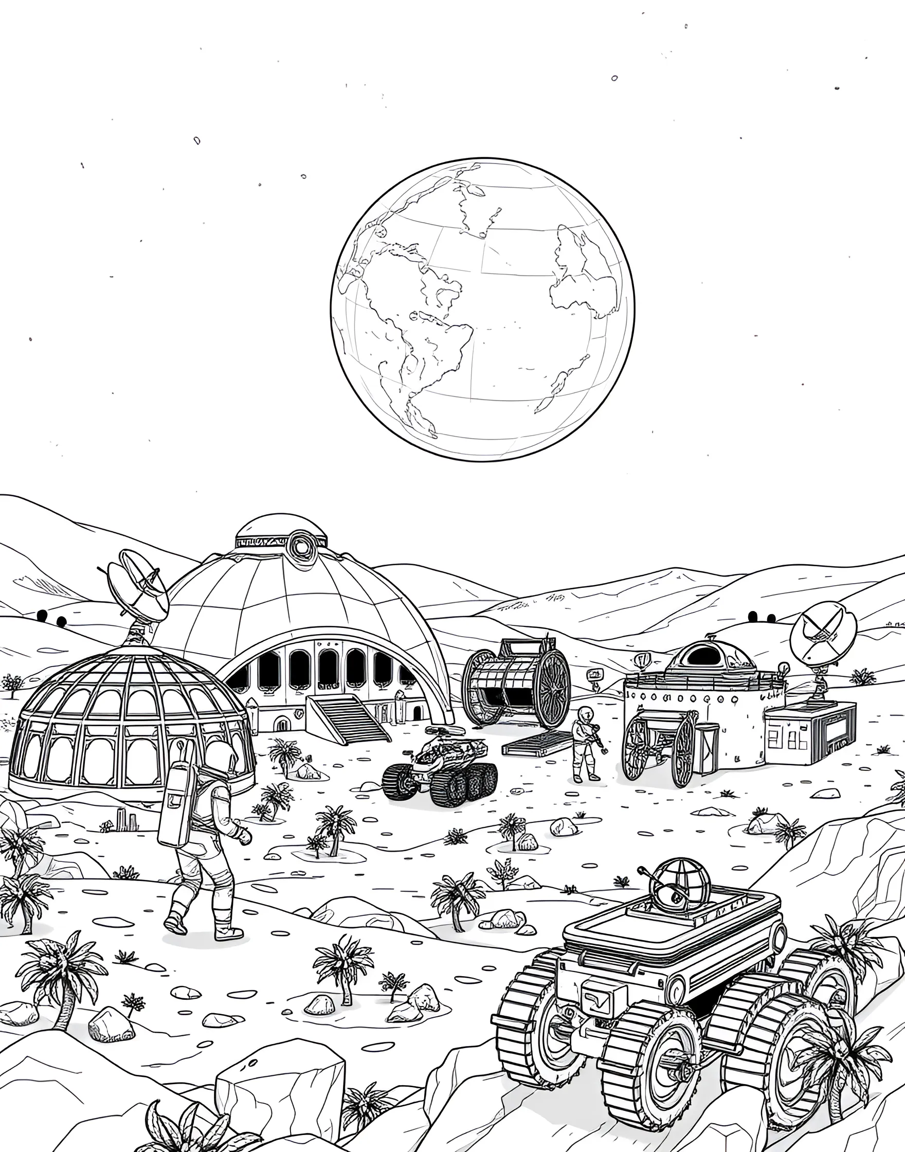 Lunar Base of the Future Coloring Page -- prompt: "A futuristic lunar base with domed habitats, solar panels, and rovers on the moon's surface, with Earth visible in the sky." -- Imagine humanity's future on the Moon with this detailed lunar base coloring page. The scene shows a complex of domed habitats, solar panels, and rovers exploring the lunar surface. In the background, Earth hangs in the sky, reminding us of our home planet.