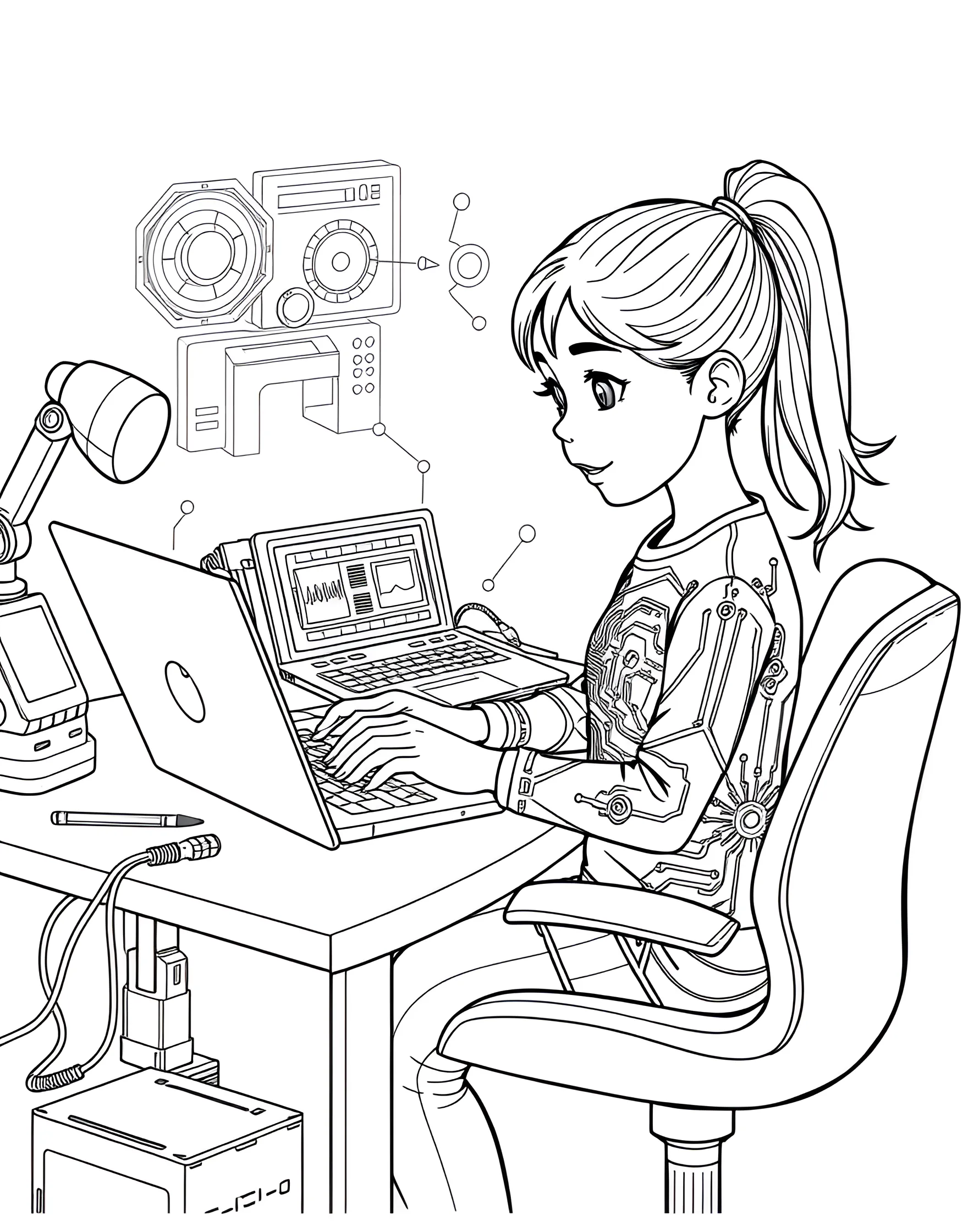 Tech-Savvy Girl Coding on Computer Coloring Page -- prompt: "A girl sitting at a desk, coding on a computer surrounded by tech gadgets and robotics." -- This modern coloring page shows a girl confidently coding on a computer. Surrounded by gadgets and with lines of code on the screen, it's a great representation of girls in technology. This page inspires interest in computer science and digital literacy.