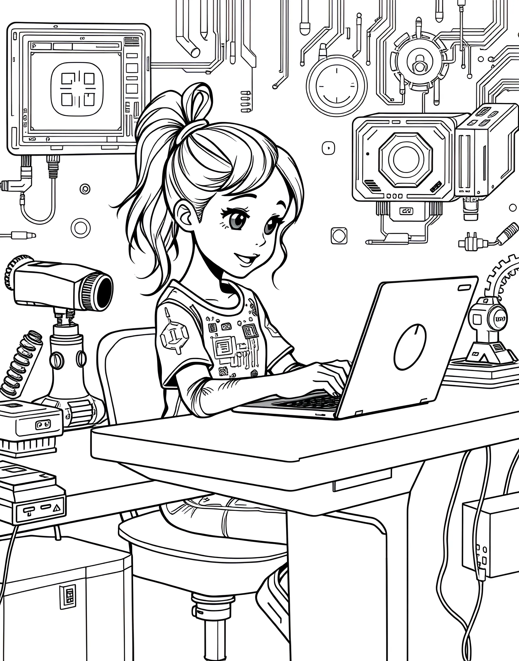 Tech-Savvy Girl Coding on Computer Coloring Page -- prompt: "A girl sitting at a desk, coding on a computer surrounded by tech gadgets and robotics." -- This modern coloring page shows a girl confidently coding on a computer. Surrounded by gadgets and with lines of code on the screen, it's a great representation of girls in technology. This page inspires interest in computer science and digital literacy.