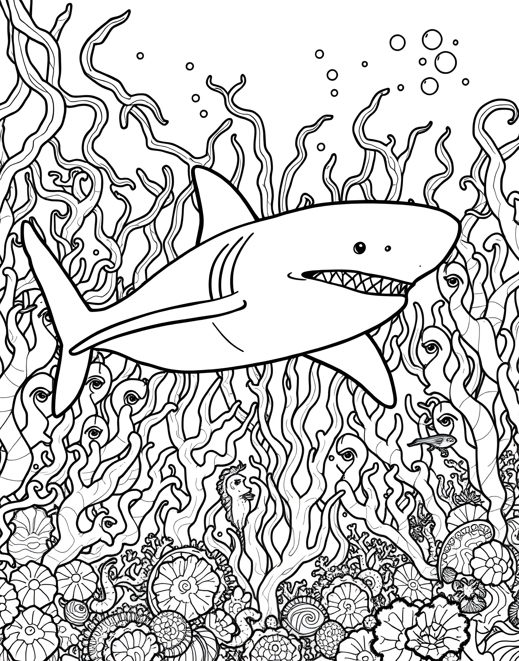 Shark in a Kelp Forest Coloring Page -- prompt: "A shark swimming through a dense kelp forest, with various fish and sea creatures hiding among the kelp." -- Explore the lush underwater world of a kelp forest with a shark as your guide in this serene coloring page. The scene depicts a shark gracefully swimming through towering kelp strands, surrounded by diverse marine life. This page offers a chance to learn about different marine habitats while coloring.