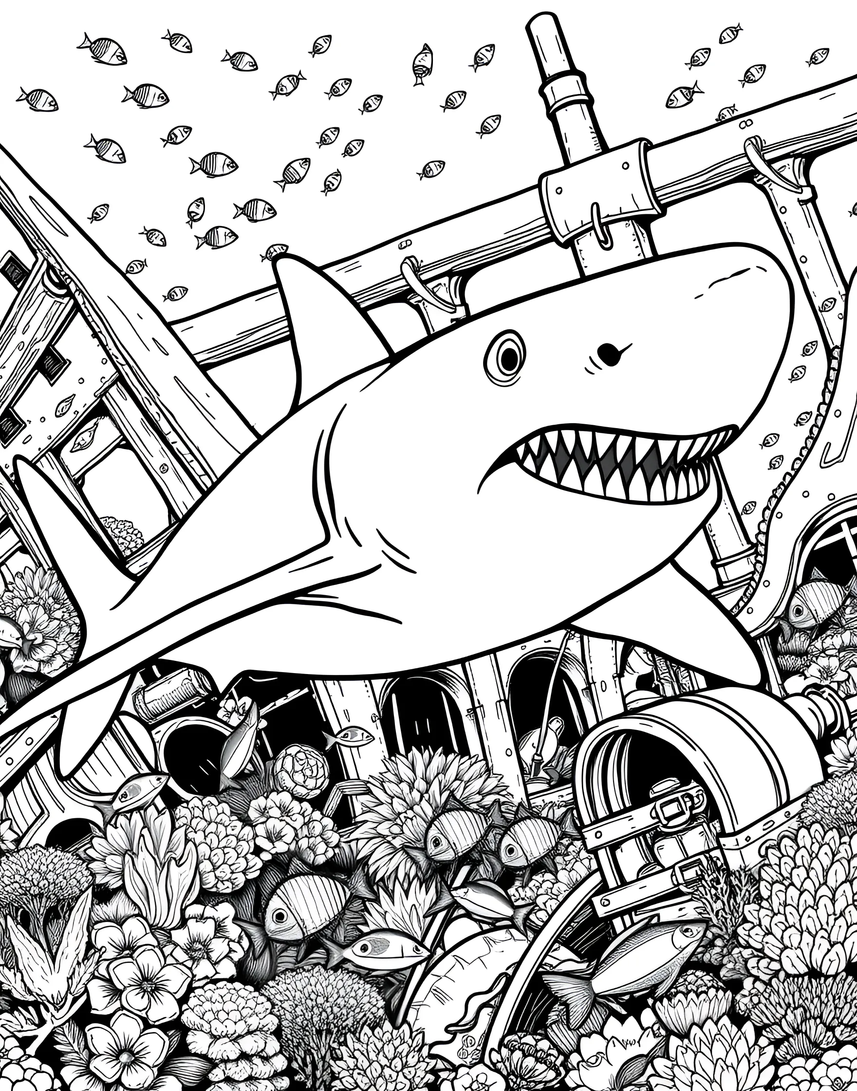 Shark and Shipwreck Exploration Coloring Page -- prompt: "A shark exploring a sunken shipwreck on the ocean floor, with schools of fish swimming around." -- Embark on an underwater adventure with this shark and shipwreck coloring page. The scene depicts a curious shark investigating an old sunken ship, surrounded by schools of fish. This page combines history and marine biology, perfect for young explorers and ocean enthusiasts.