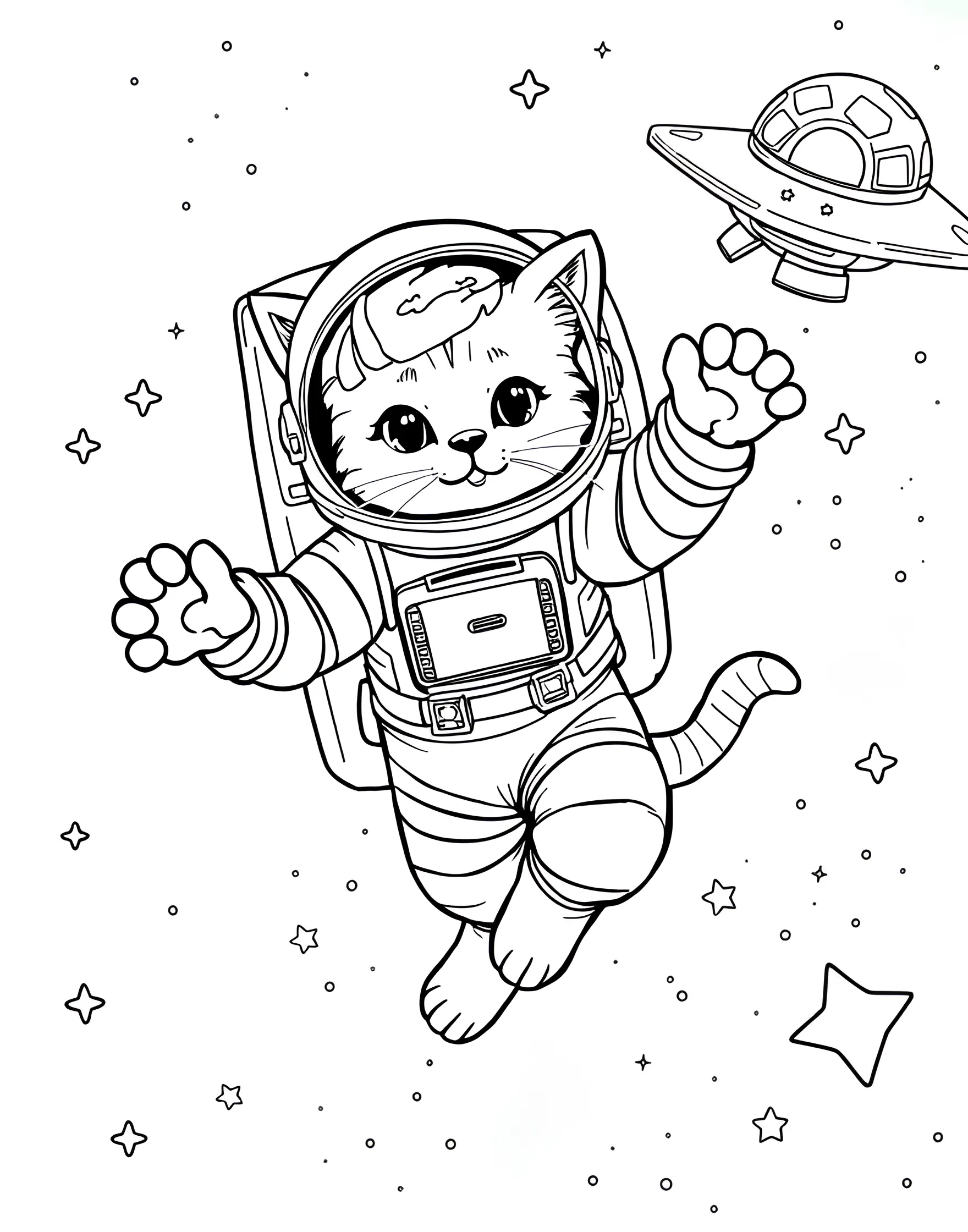 Cat in Space Suit Coloring Page -- prompt: "A cat wearing a full astronaut suit and helmet, floating in space." -- This out-of-this-world coloring page features a cat wearing a space suit and helmet. The cat's excited expression and the detailed space gear create an imaginative, sci-fi scenario. It's perfect for combining a love of cats with an interest in space exploration.