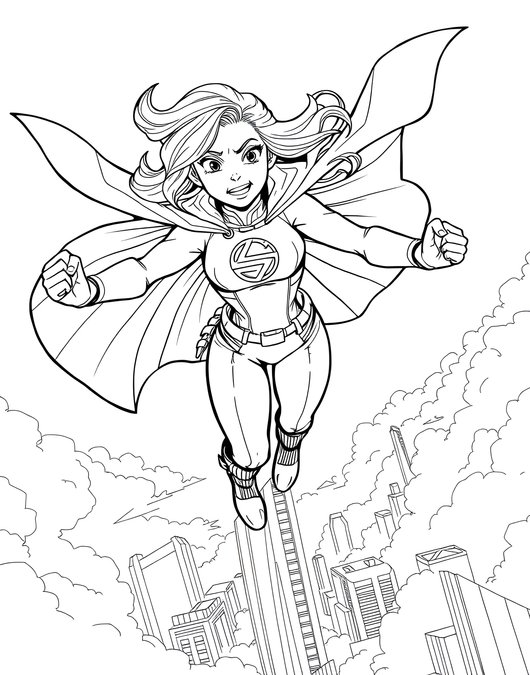 Girl Superhero Saving the Day Coloring Page -- prompt: "A girl superhero flying through the sky with a billowing cape and a cityscape in the background." -- Empower young girls with this dynamic superhero coloring page. The girl superhero soars through the sky, cape billowing behind her, as she races to save the day. Her confident pose and determined expression inspire strength and courage, while her costume offers plenty of creative coloring possibilities.