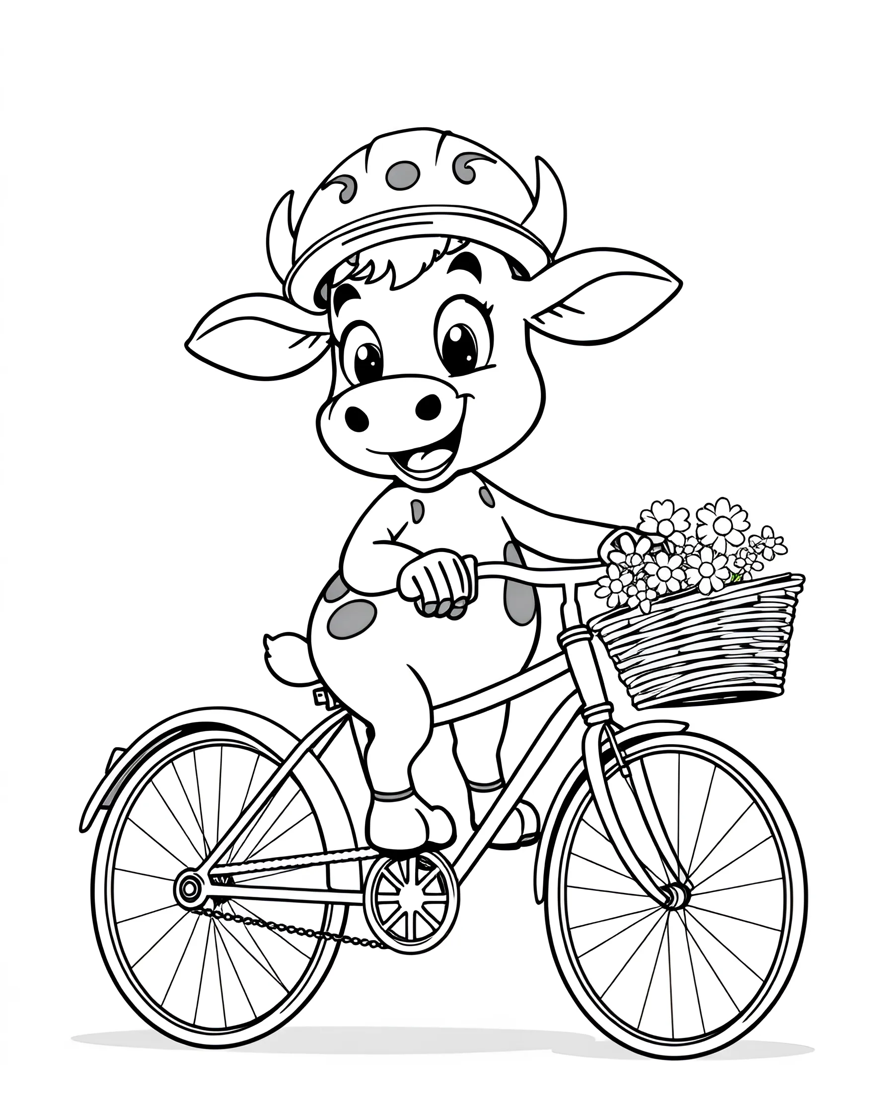 Cow Riding a Bicycle Coloring Page -- prompt: "A cartoon cow riding a bicycle while wearing a helmet." -- Pedal into fun with this whimsical coloring page of a cow riding a bicycle. The cow is shown balancing on a bike, wearing a helmet and looking quite pleased with itself. This page combines humor with the opportunity to color intricate details like bicycle spokes and the cow's expression.