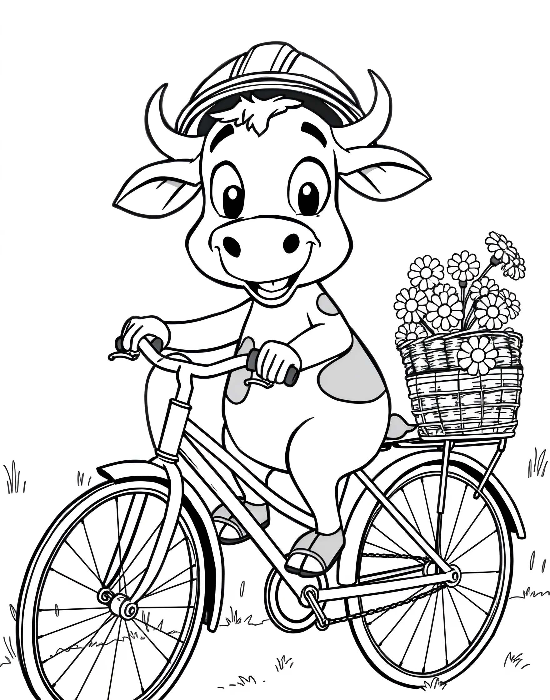 Cow Riding a Bicycle Coloring Page -- prompt: "A cartoon cow riding a bicycle while wearing a helmet." -- Pedal into fun with this whimsical coloring page of a cow riding a bicycle. The cow is shown balancing on a bike, wearing a helmet and looking quite pleased with itself. This page combines humor with the opportunity to color intricate details like bicycle spokes and the cow's expression.