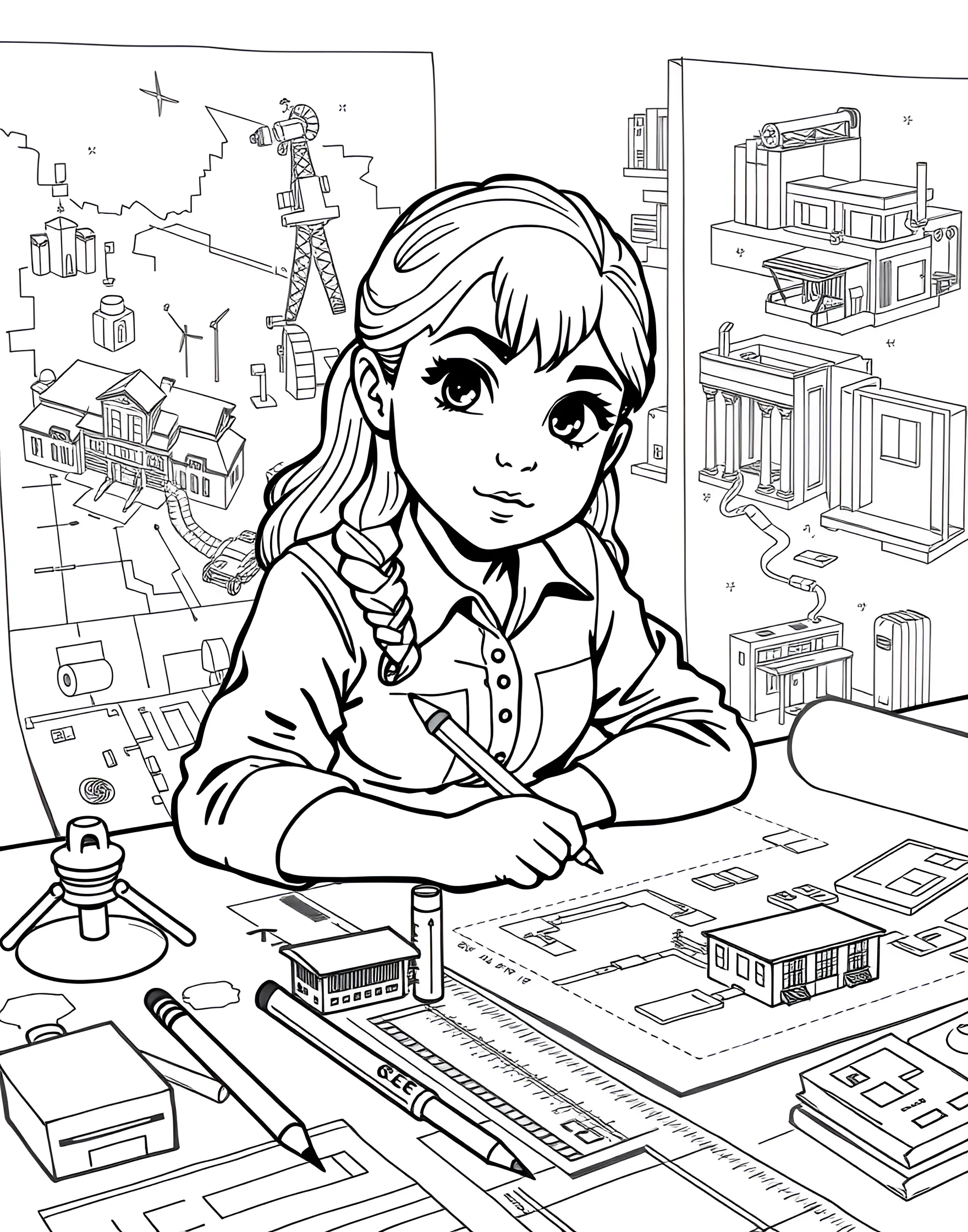 Young Architect Designing a Building Coloring Page -- prompt: "A girl architect working on building designs with blueprints, scale models, and drafting tools." -- Build dreams with this inspiring architect coloring page. A young girl works on architectural drawings, surrounded by blueprints, scale models, and drafting tools. The detailed office setting and intricate building designs offer plenty of opportunities for creative coloring while promoting interest in design and construction.