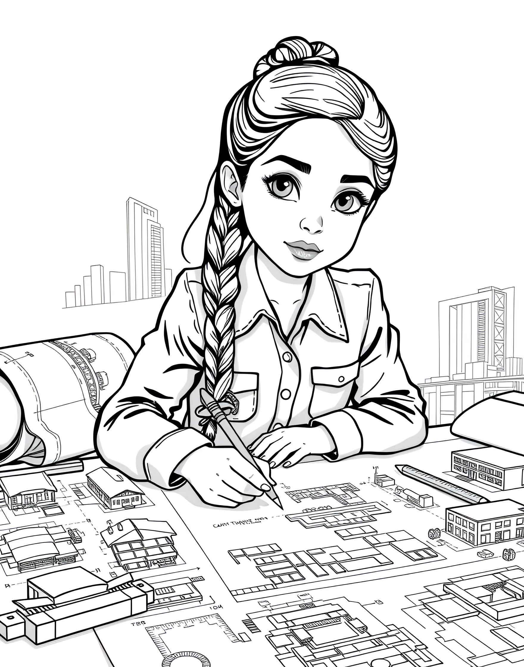 Young Architect Designing a Building Coloring Page -- prompt: "A girl architect working on building designs with blueprints, scale models, and drafting tools." -- Build dreams with this inspiring architect coloring page. A young girl works on architectural drawings, surrounded by blueprints, scale models, and drafting tools. The detailed office setting and intricate building designs offer plenty of opportunities for creative coloring while promoting interest in design and construction.