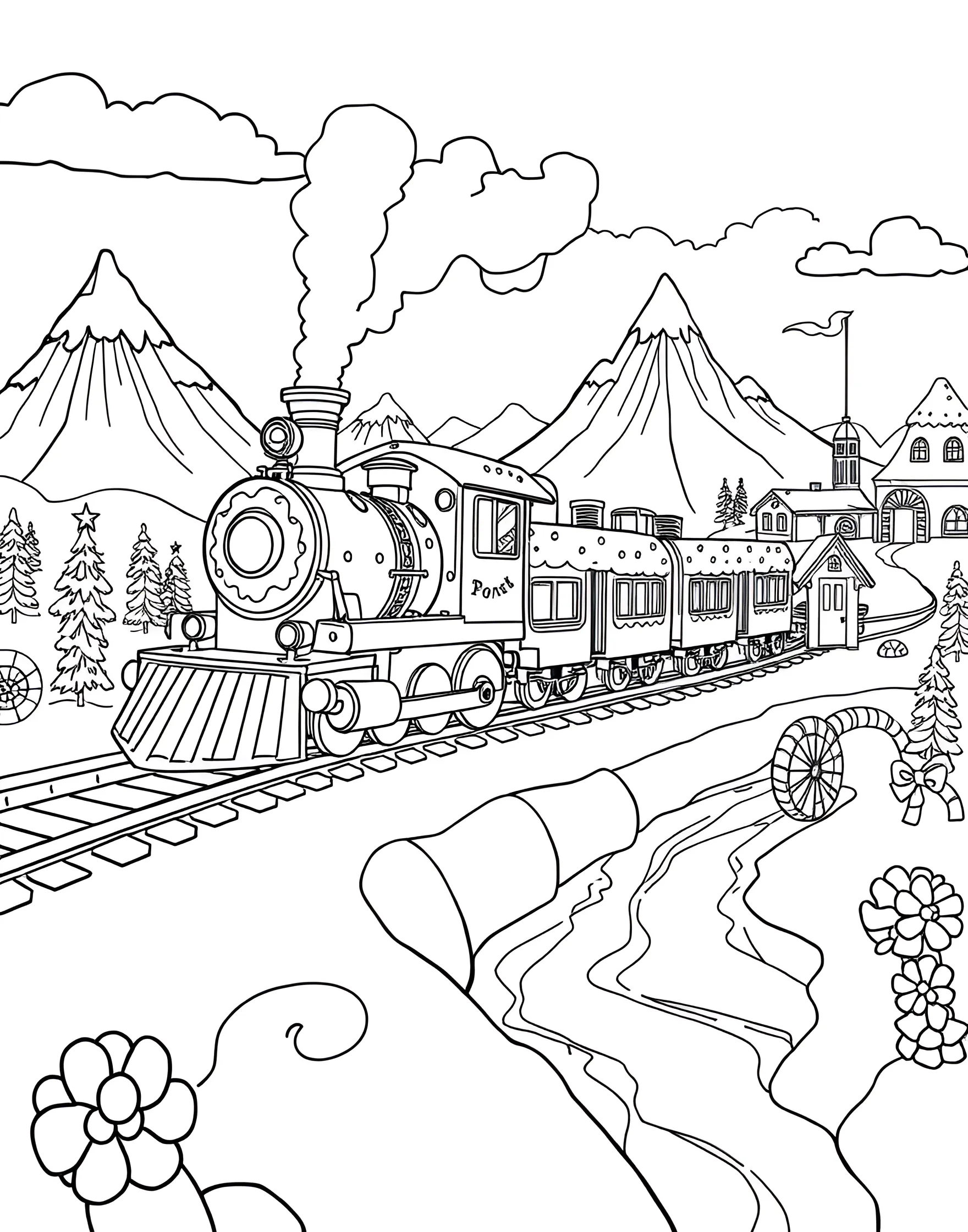 Donut Train Adventure Coloring Page -- prompt: "A train made of interconnected donuts traveling through a landscape of pastry features." -- All aboard the sweetest ride with this donut train adventure coloring page. A long train made of interconnected donuts chugs through a landscape of pastry mountains and frosting rivers. It's a delightful page that combines the romance of rail travel with confectionery charm.