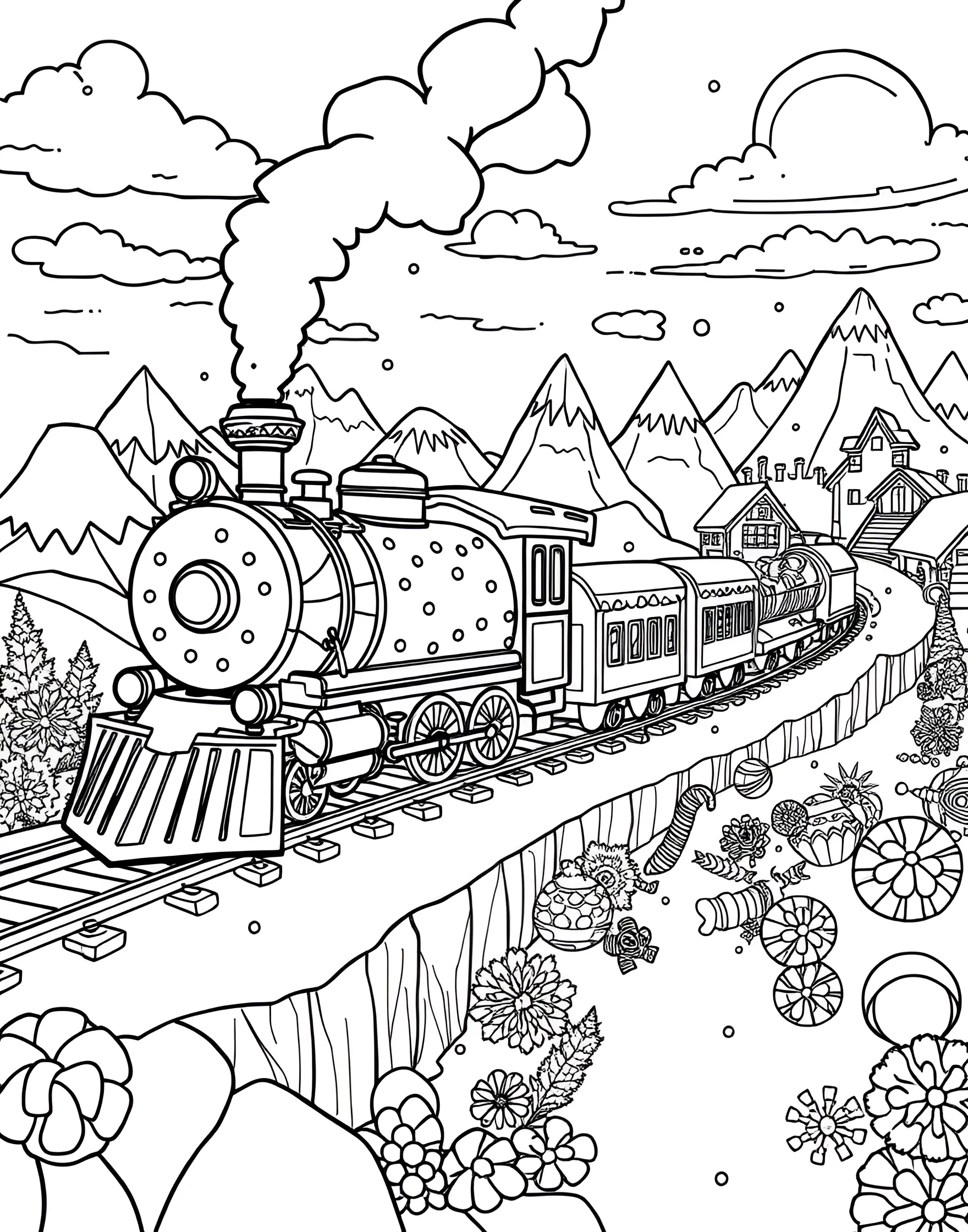 Donut Train Adventure Coloring Page -- prompt: "A train made of interconnected donuts traveling through a landscape of pastry features." -- All aboard the sweetest ride with this donut train adventure coloring page. A long train made of interconnected donuts chugs through a landscape of pastry mountains and frosting rivers. It's a delightful page that combines the romance of rail travel with confectionery charm.