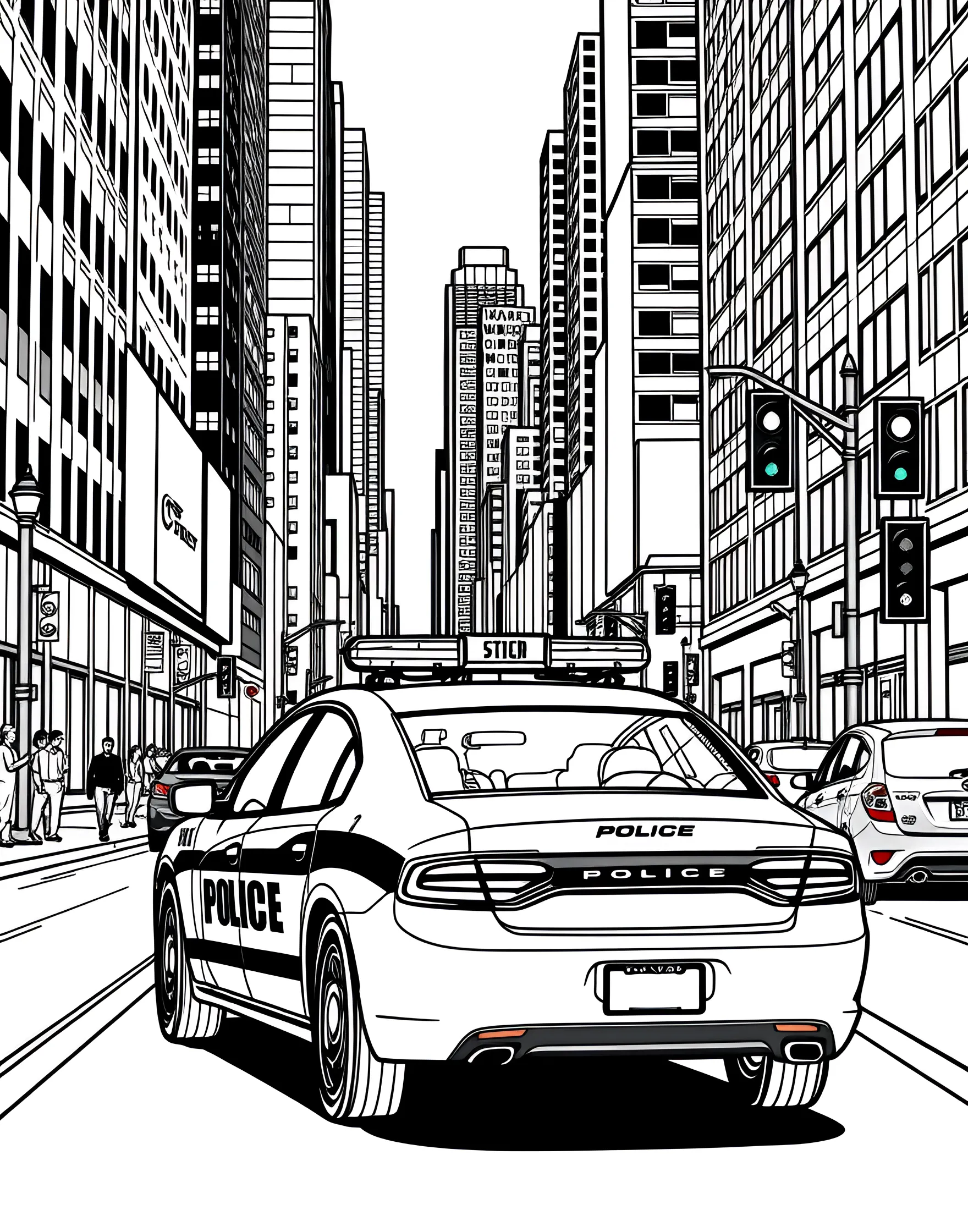 Police Car on Patrol in the City Coloring Page -- prompt: "A police car driving through city streets with buildings and traffic lights visible." -- This engaging coloring page features a police car on patrol through city streets. The detailed police vehicle, complete with flashing lights and official markings, is set against a backdrop of urban buildings and traffic signs. It's an excellent choice for kids who admire law enforcement and dream of keeping their communities safe.