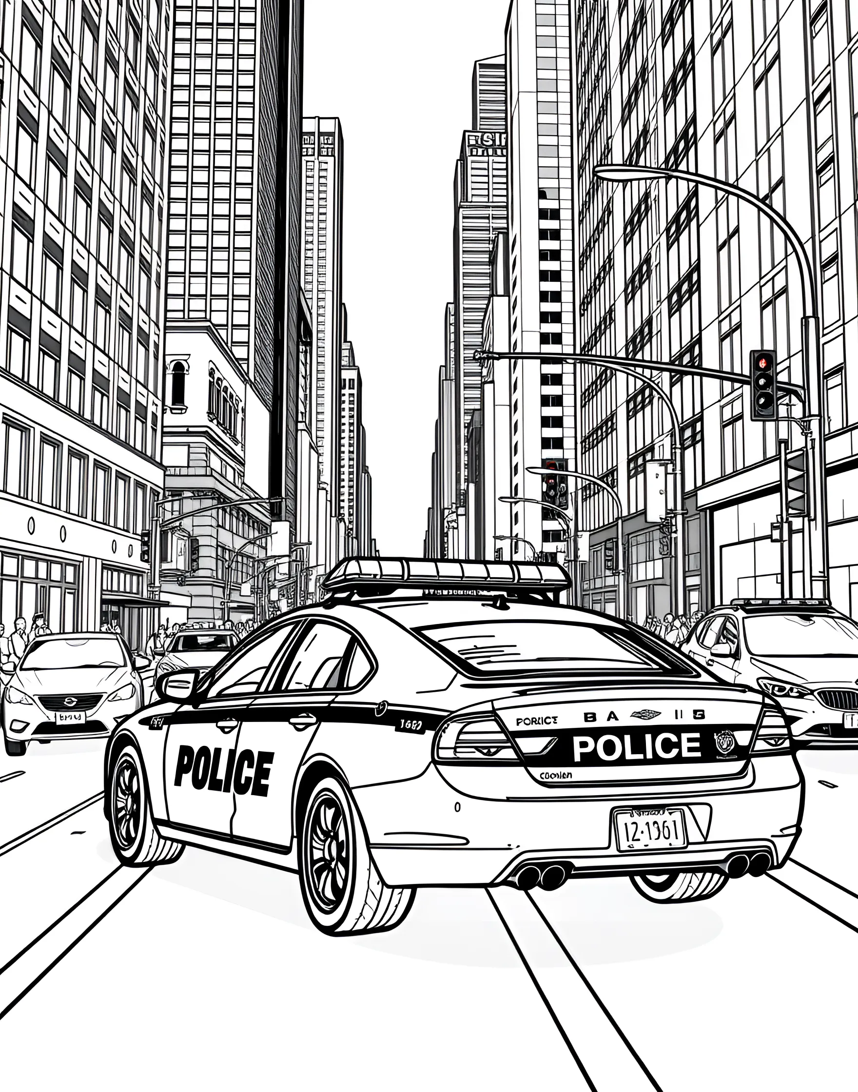 Police Car on Patrol in the City Coloring Page -- prompt: "A police car driving through city streets with buildings and traffic lights visible." -- This engaging coloring page features a police car on patrol through city streets. The detailed police vehicle, complete with flashing lights and official markings, is set against a backdrop of urban buildings and traffic signs. It's an excellent choice for kids who admire law enforcement and dream of keeping their communities safe.