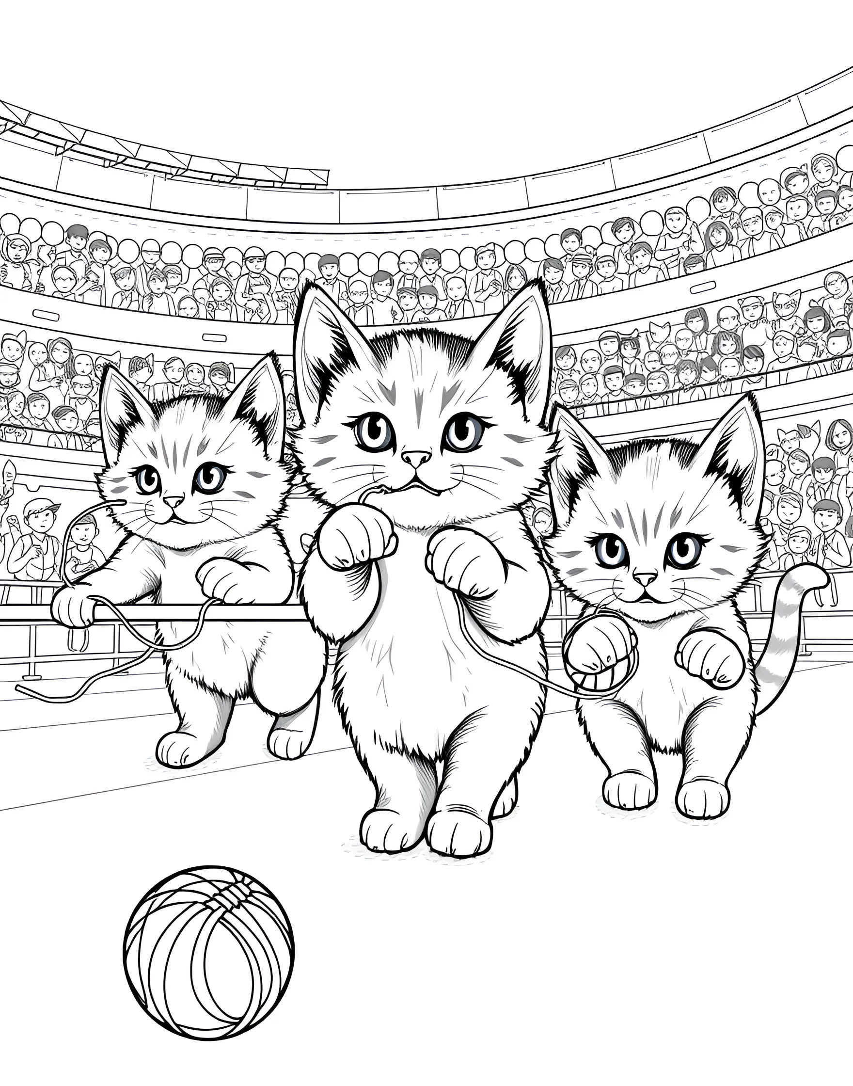 Kitten's Yarn Ball Olympics Coloring Page -- prompt: "Cute kittens competing in Olympic-style games using yarn balls in various events." -- Get ready for some furry fun with this playful coloring page showcasing kittens participating in the Yarn Ball Olympics. The scene shows kittens competing in events like yarn ball shot put, unraveling races, and synchronized yarn swimming. It's an adorable and cute blend of feline athletics and yarn-based shenanigans.