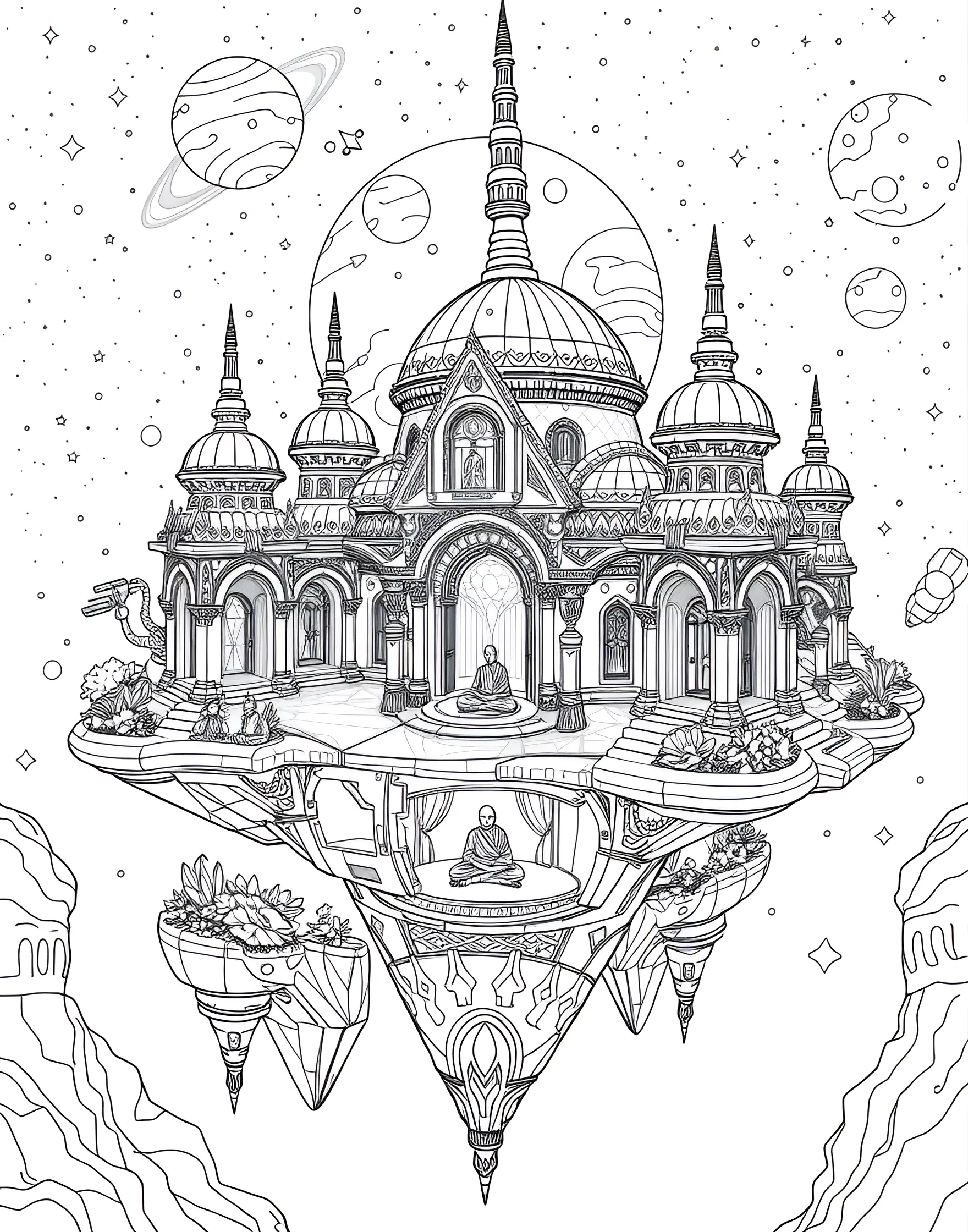 Space Monastery Meditation Coloring Page -- prompt: "A space monastery with meditation gardens, zero-gravity prayer rooms, and monks of various species in quiet contemplation." -- Find tranquility among the stars with this space monastery meditation coloring page. The serene space station features meditation gardens, zero-gravity prayer rooms, and a large observatory for contemplating the cosmos. Monks from various species are shown in quiet reflection, seeking enlightenment against the backdrop of the universe.