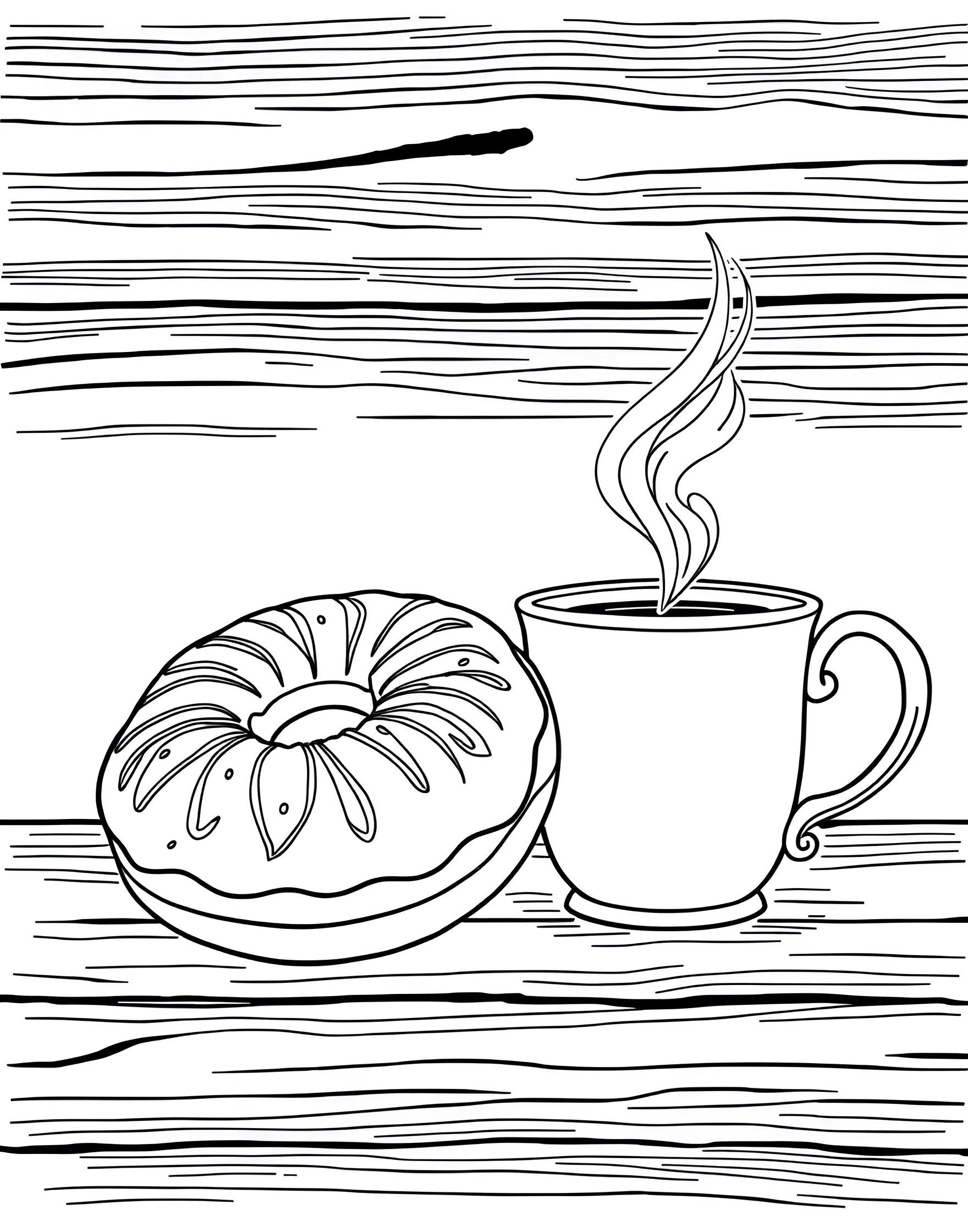 Donut and Coffee Breakfast Scene Coloring Page -- prompt: "A donut next to a steaming cup of coffee on a breakfast table." -- Start your day right with this cozy breakfast scene coloring page featuring a donut and a steaming cup of coffee. The composition captures the simple pleasure of a morning treat, with a perfectly round donut sitting beside a mug of aromatic coffee. It's an ideal page for those who appreciate life's little moments of joy.