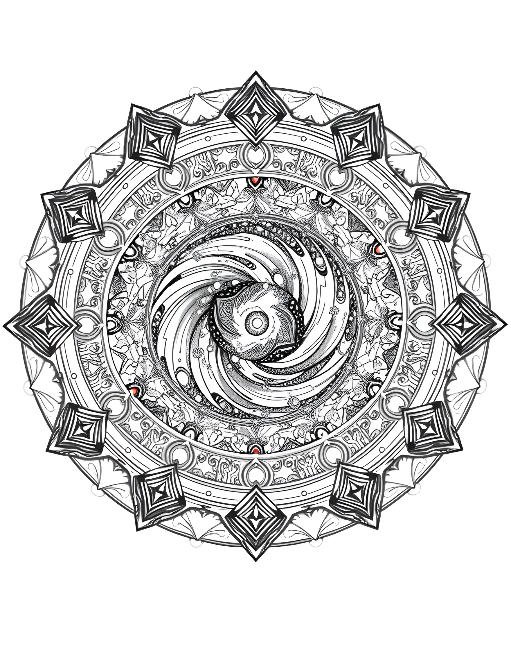 Cosmic Galaxy Mandala Coloring Page -- prompt: "A circular mandala depicting various cosmic elements like galaxies, stars, and nebulae arranged in a spiraling pattern." -- Journey through the cosmos with this celestial mandala. Spiral galaxies, twinkling stars, and swirling nebulae form the circular design. Let your imagination soar as you bring the wonders of the universe to life on the page.