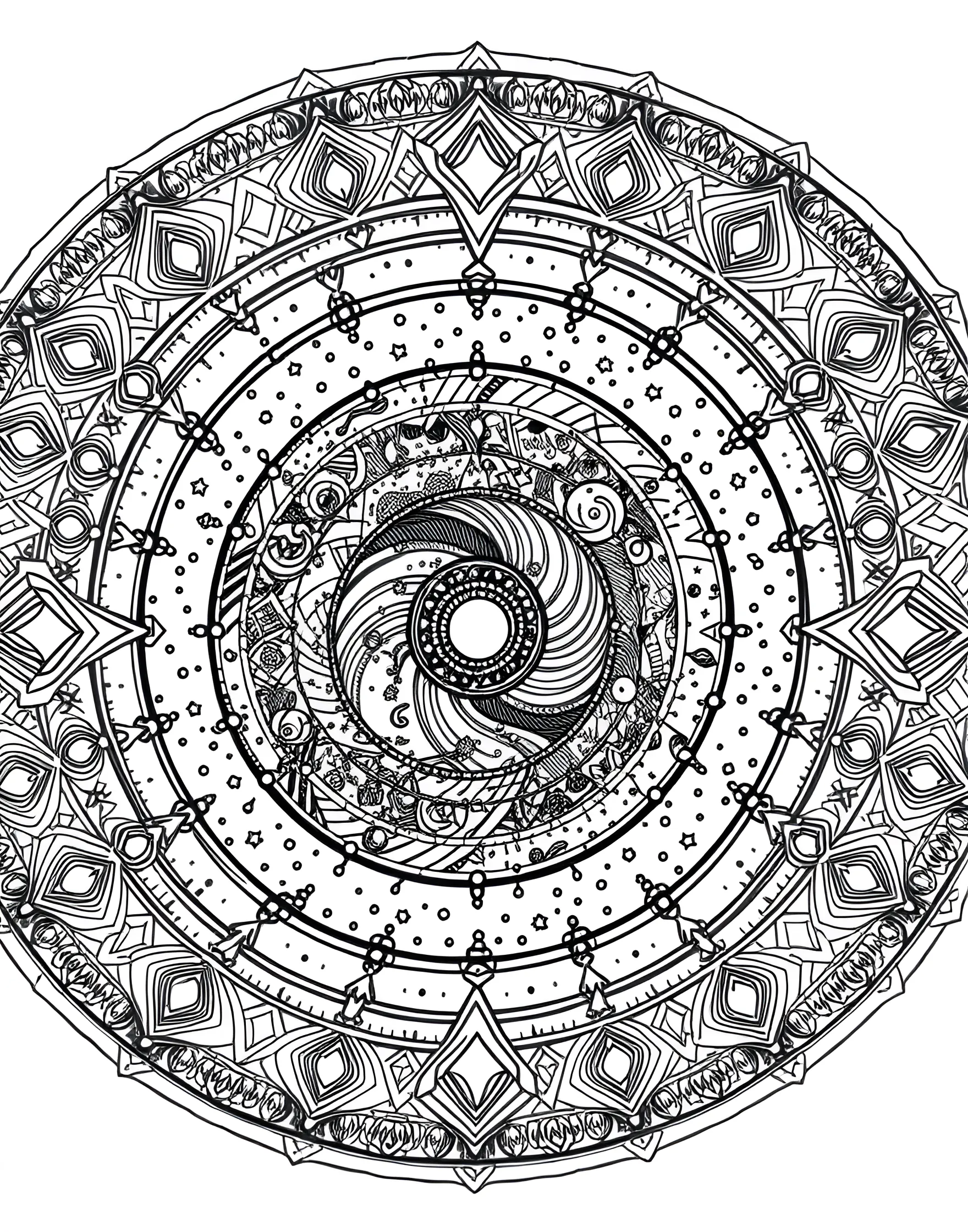 Cosmic Galaxy Mandala Coloring Page -- prompt: "A circular mandala depicting various cosmic elements like galaxies, stars, and nebulae arranged in a spiraling pattern." -- Journey through the cosmos with this celestial mandala. Spiral galaxies, twinkling stars, and swirling nebulae form the circular design. Let your imagination soar as you bring the wonders of the universe to life on the page.