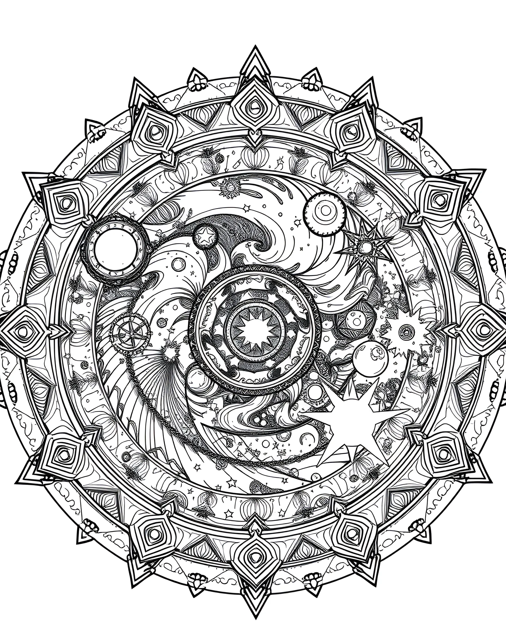 Cosmic Galaxy Mandala Coloring Page -- prompt: "A circular mandala depicting various cosmic elements like galaxies, stars, and nebulae arranged in a spiraling pattern." -- Journey through the cosmos with this celestial mandala. Spiral galaxies, twinkling stars, and swirling nebulae form the circular design. Let your imagination soar as you bring the wonders of the universe to life on the page.