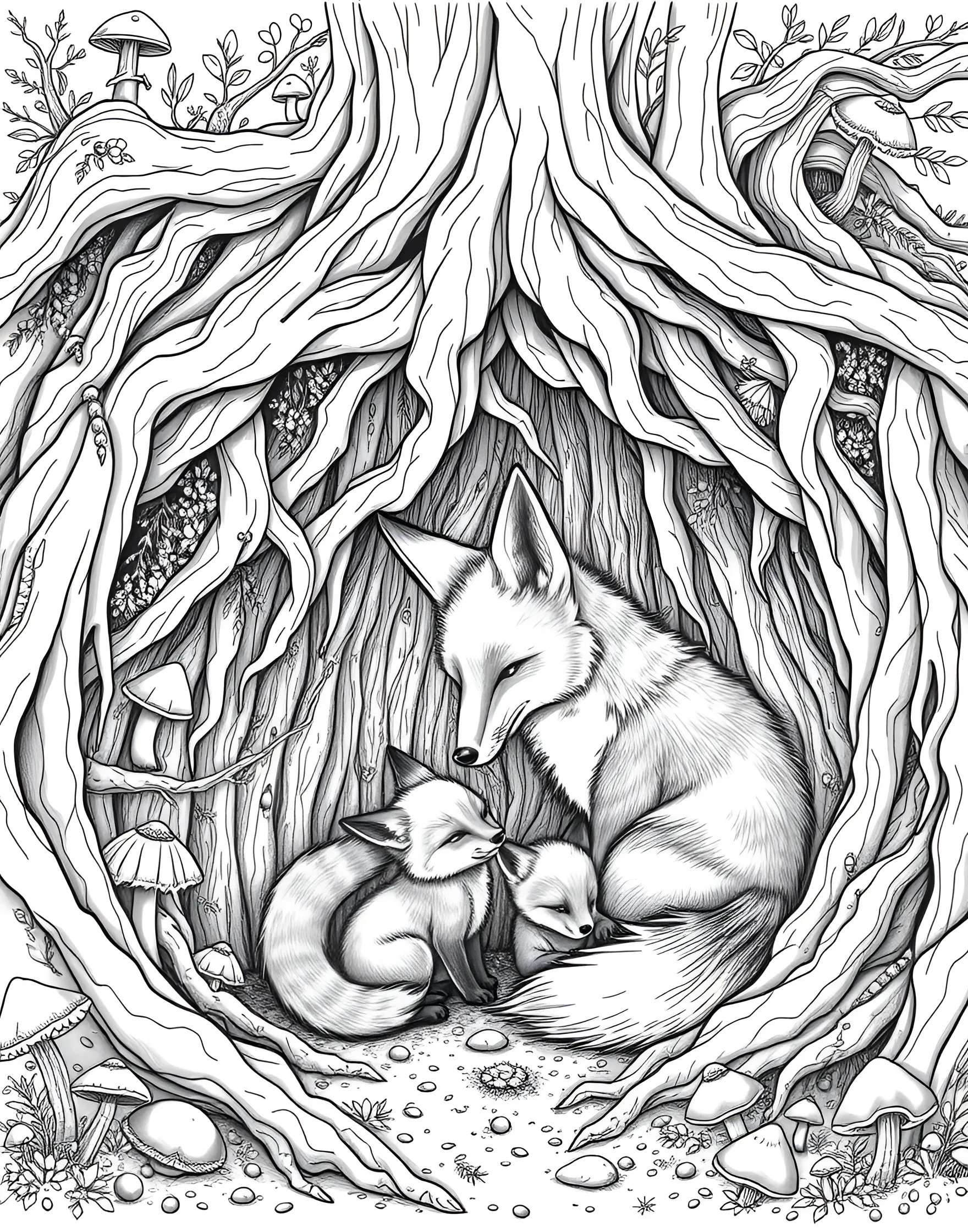 Fox Family in Their Den Coloring Page -- prompt: "A mother fox with her cubs in an underground den." -- This heartwarming coloring page showcases a family of foxes in their cozy underground den. A mother fox is surrounded by her playful kits, creating a scene of familial love and protection. It's a wonderful page for those who enjoy coloring multiple subjects and creating a warm, nurturing atmosphere.