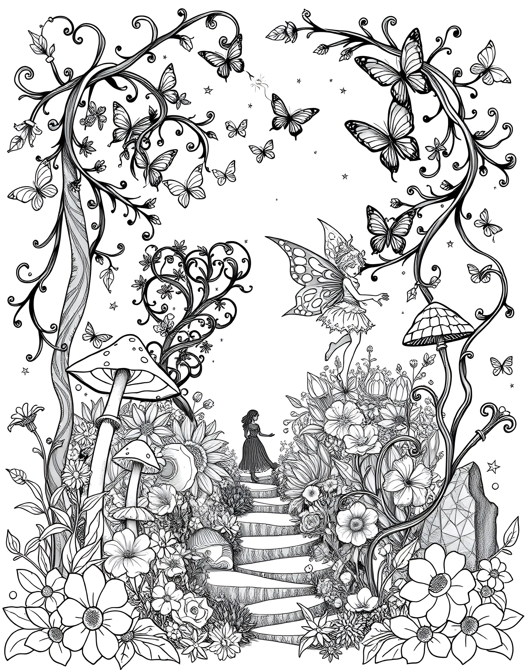 Mystical Fairy Garden Coloring Page -- prompt: "A whimsical garden scene with tiny fairies, toadstools, and various magical elements." -- Enter a world of magic with this enchanting fairy garden coloring page. The design showcases a whimsical scene with tiny fairies, toadstools, and delicate flowers. As you color, bring this miniature wonderland to life and imagine the secrets hidden within this mystical realm.