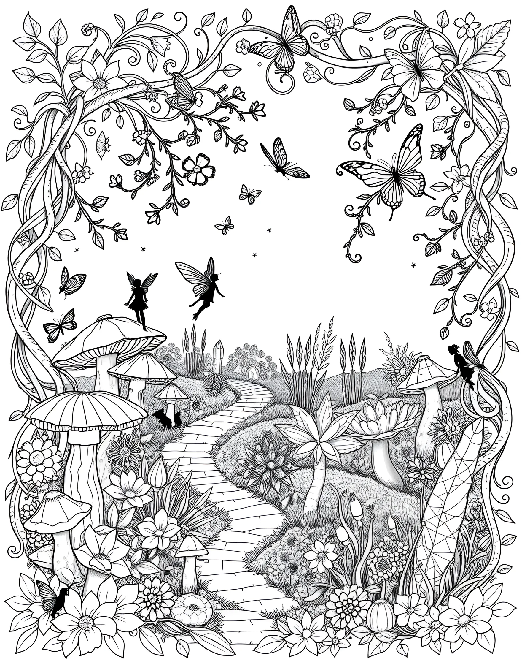 Mystical Fairy Garden Coloring Page -- prompt: "A whimsical garden scene with tiny fairies, toadstools, and various magical elements." -- Enter a world of magic with this enchanting fairy garden coloring page. The design showcases a whimsical scene with tiny fairies, toadstools, and delicate flowers. As you color, bring this miniature wonderland to life and imagine the secrets hidden within this mystical realm.