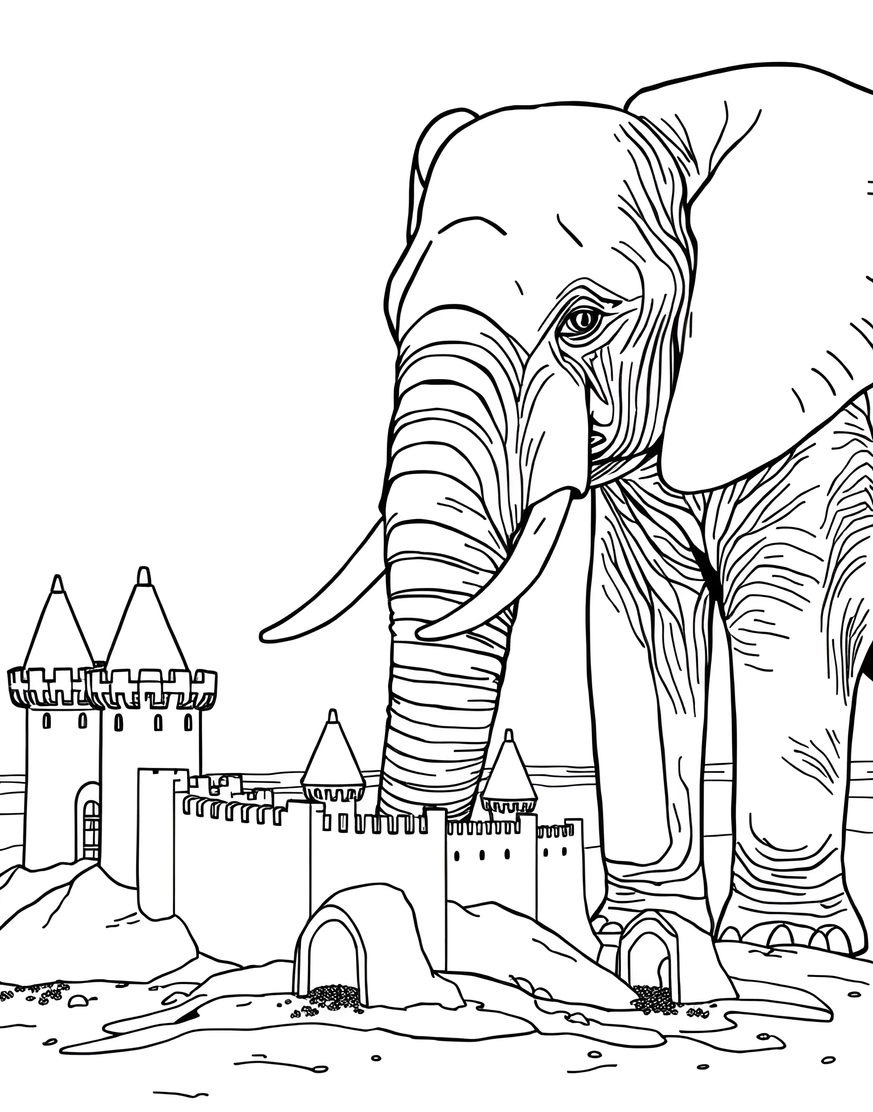 Elephant's Sandcastle Architect Coloring Page -- prompt: "An elephant building a large, intricate sandcastle on a beach, using its trunk to shape the sand." -- Head to the beach with this creative elephant coloring page! Our skilled pachyderm is hard at work building an elaborate sandcastle, using its trunk as a natural sand-shaping tool. Seashells, beach umbrellas, and ocean waves complete this sunny seaside scene.