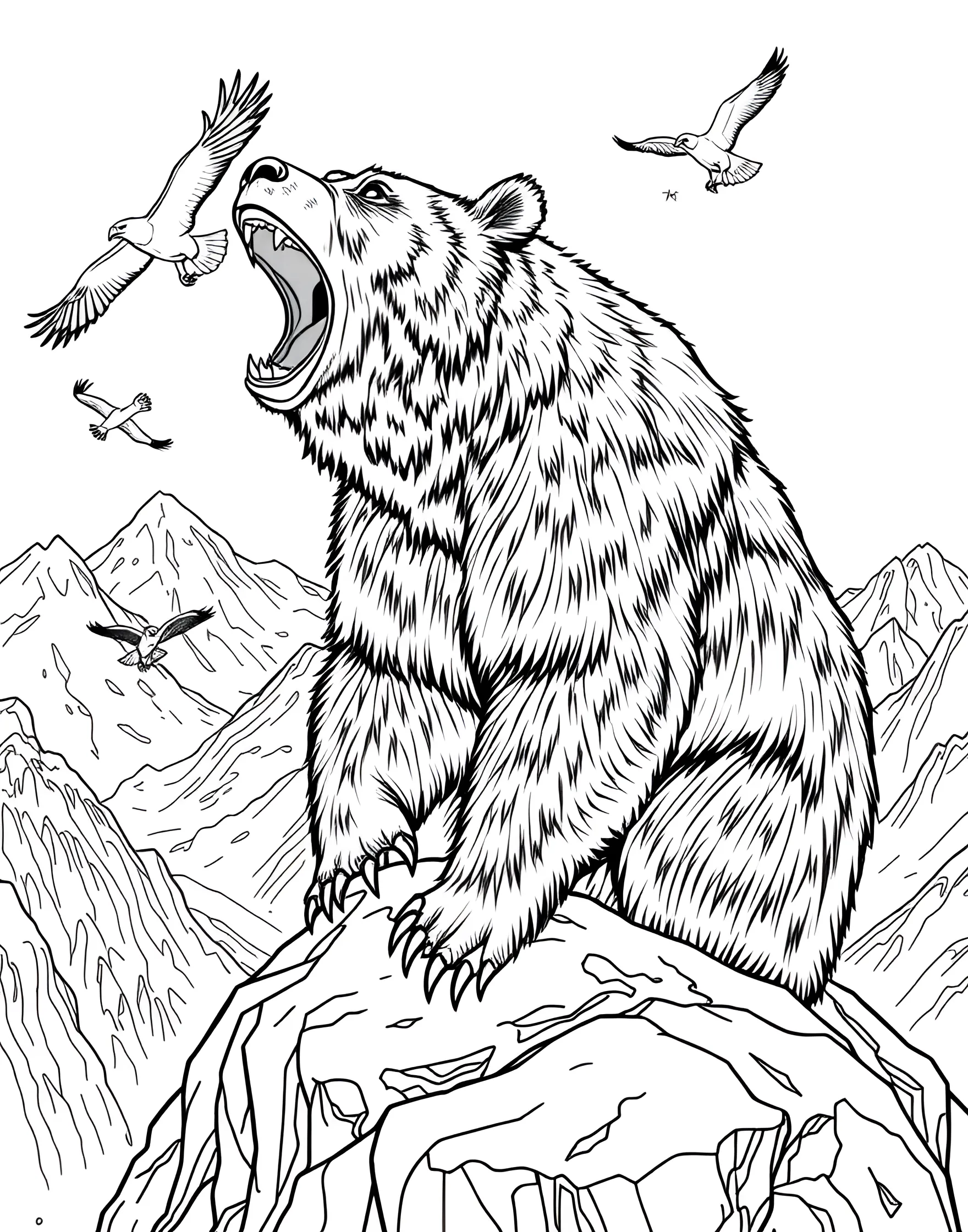 Bear Roaring in the Mountains Coloring Page -- prompt: "A bear standing on a mountain peak, roaring with a dramatic landscape in the background." -- Feel the power of nature with this majestic coloring page featuring a bear roaring in a mountain landscape. The bear stands on a rocky outcrop, its powerful stance and open mouth conveying its strength and dominance. This awe-inspiring scene captures the wild spirit of bears in their natural habitat.