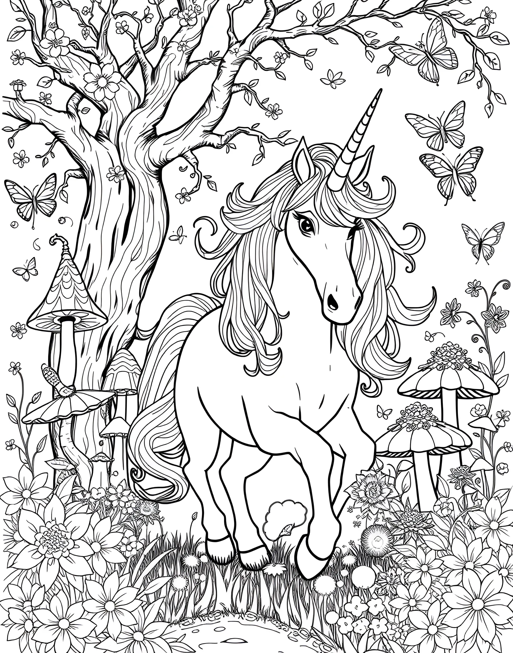 Unicorn and Gnome Garden Coloring Page -- prompt: "A unicorn in a magical garden with gnomes, toadstools, and fairy lights." -- Step into a whimsical world with this unicorn and gnome garden coloring sheet. The unicorn is shown interacting with friendly gnomes in a magical garden setting. This page offers a delightful mix of fantasy elements and intricate garden details to color.