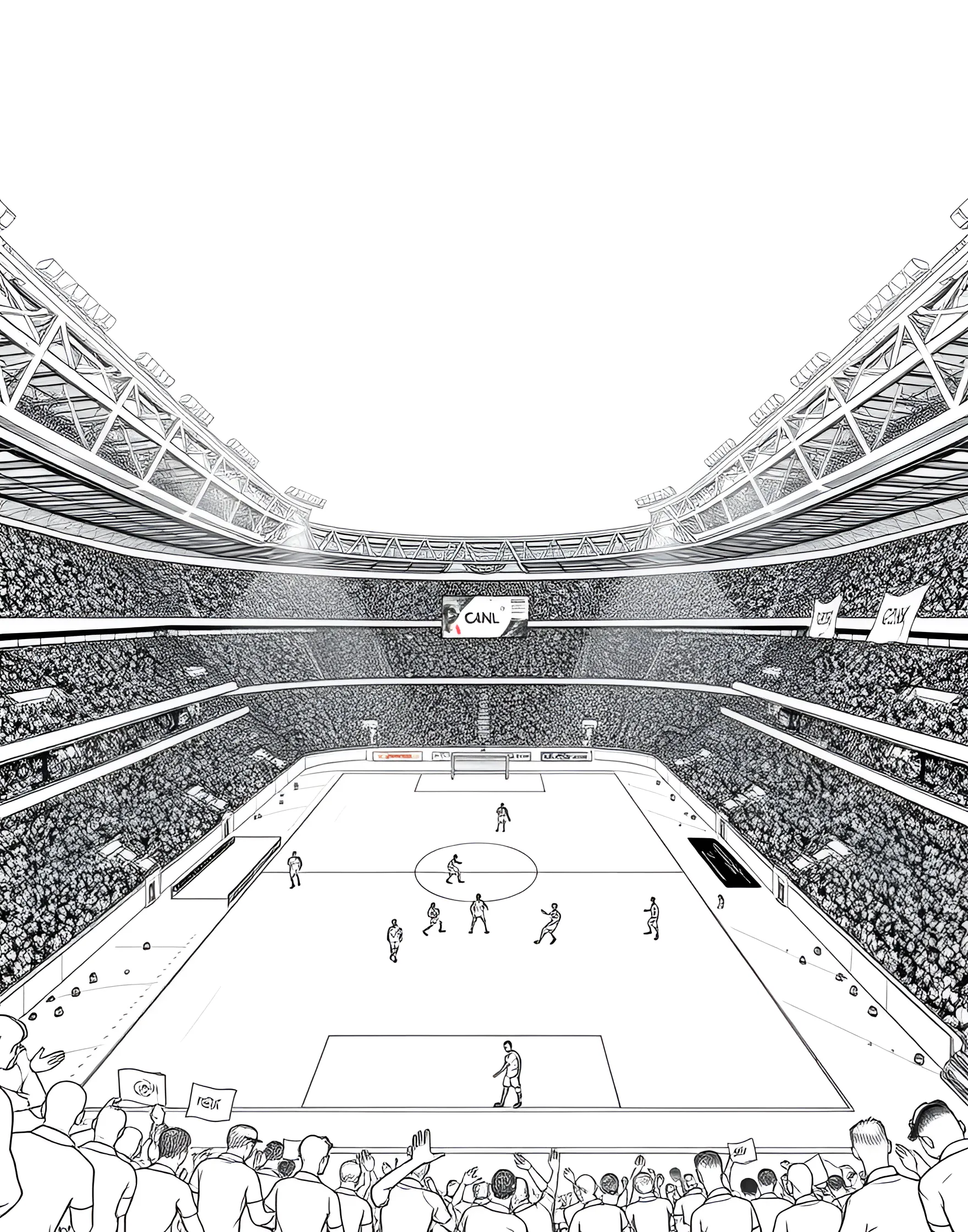 Soccer Stadium Panorama Coloring Page -- prompt: "A wide view of a packed soccer stadium with the field, stands, and floodlights visible." -- This expansive coloring page offers a panoramic view of a soccer stadium. It includes the field, stands full of spectators, and even floodlights. The many details provide a fun challenge for coloring enthusiasts of all ages.