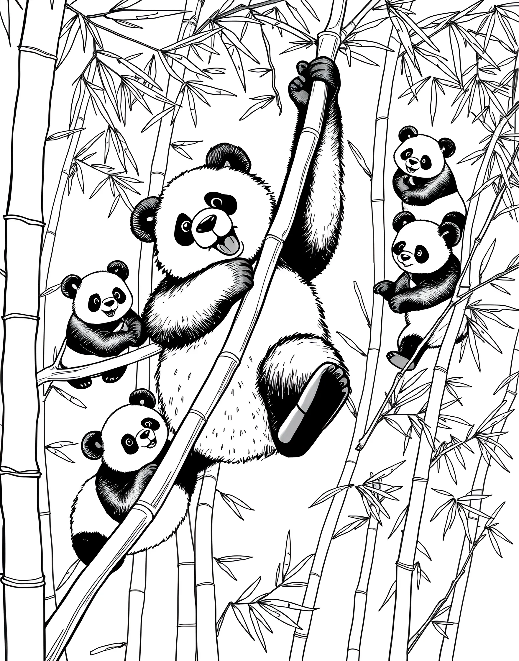 Panda's Bamboo Slide Coloring Page -- prompt: "A panda sliding down a curved bamboo stalk with other pandas watching from nearby trees." -- Experience the playful side of pandas with this fun-filled coloring page. A gleeful panda is shown sliding down a large, curved bamboo stalk as if it were a natural slide. Other pandas watch from nearby bamboo trees, adding an element of community to this jungle gym scene.