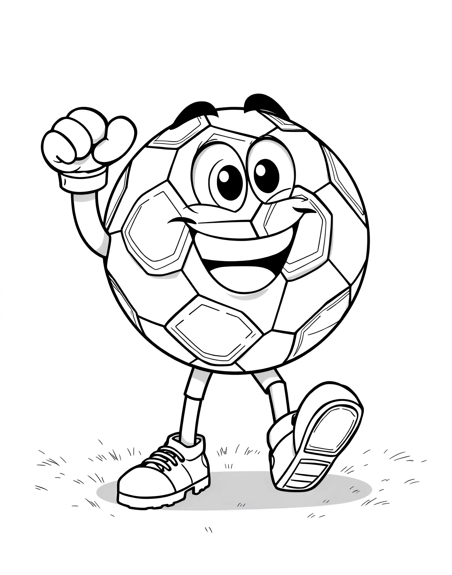 Soccer Mascot Coloring Page -- prompt: "A cheerful cartoon mascot character designed as an anthropomorphic soccer ball." -- This fun and friendly coloring page features a soccer mascot. The character is depicted as a anthropomorphic soccer ball with a big smile, wearing team colors. This page is perfect for younger soccer fans or those who enjoy more whimsical coloring subjects.