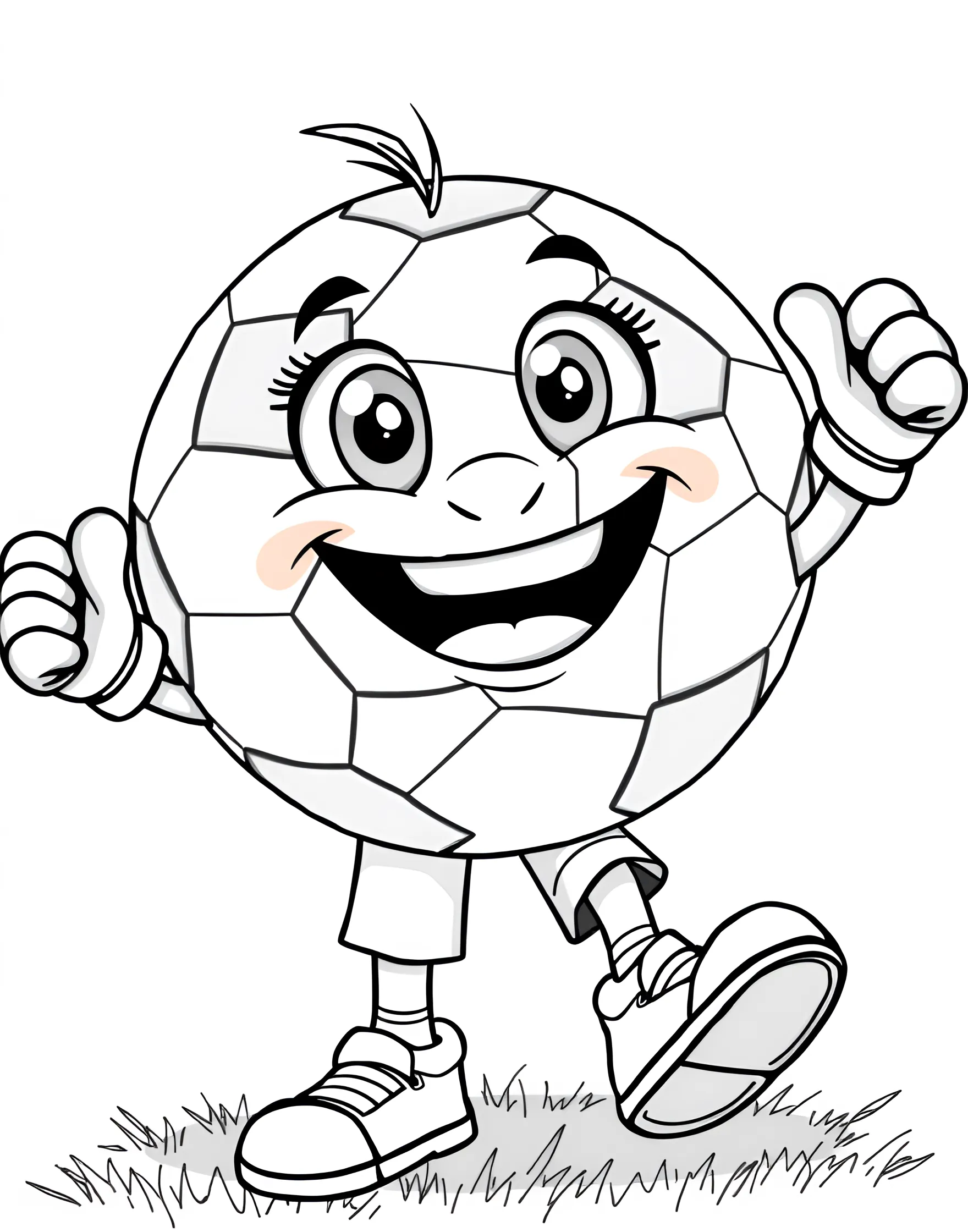 Soccer Mascot Coloring Page -- prompt: "A cheerful cartoon mascot character designed as an anthropomorphic soccer ball." -- This fun and friendly coloring page features a soccer mascot. The character is depicted as a anthropomorphic soccer ball with a big smile, wearing team colors. This page is perfect for younger soccer fans or those who enjoy more whimsical coloring subjects.