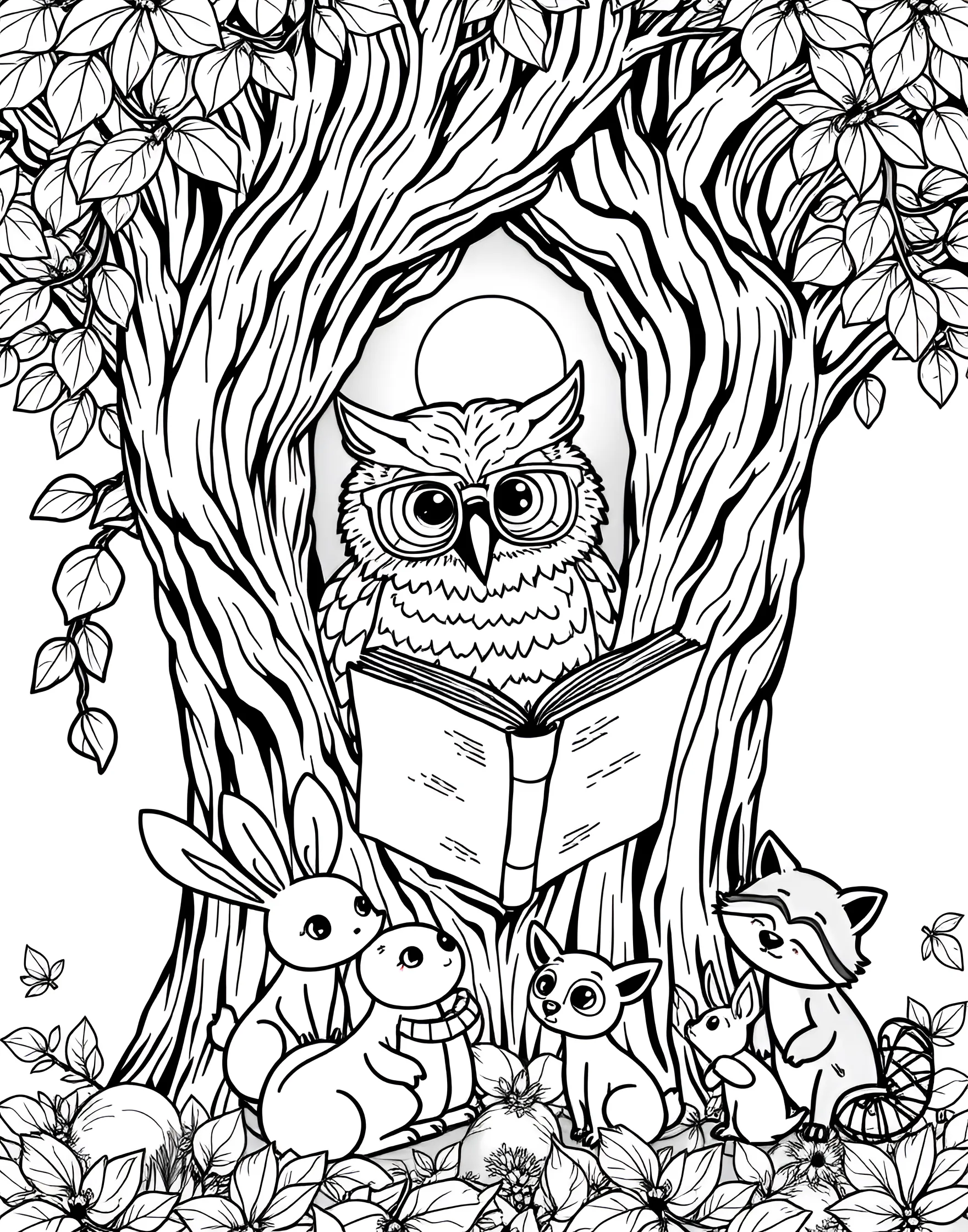 Owl's Moonlit Story Time Coloring Page -- prompt: "A cute owl reading stories to forest animals at night in a tree hollow." -- This enchanting coloring page showcases a wise owl reading bedtime stories to a group of forest animals under the moonlight. Set in a cozy tree hollow, the scene includes cute details like twinkling fireflies, a crescent moon, and sleepy animal listeners. It's a magical nighttime scene that's both cute and calming.