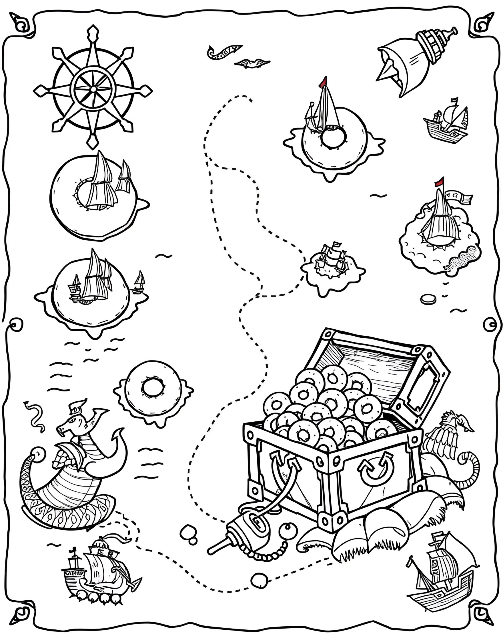 Donut Pirate Treasure Map Coloring Page -- prompt: "A pirate treasure map with donut-shaped islands and a path leading to a chest of golden donuts." -- Set sail for adventure with this donut pirate treasure map coloring page. The map is decorated with donut-themed landmarks and a path leading to a treasure chest filled with golden donuts. It's a page that combines the thrill of pirate lore with the sweetness of donuts.