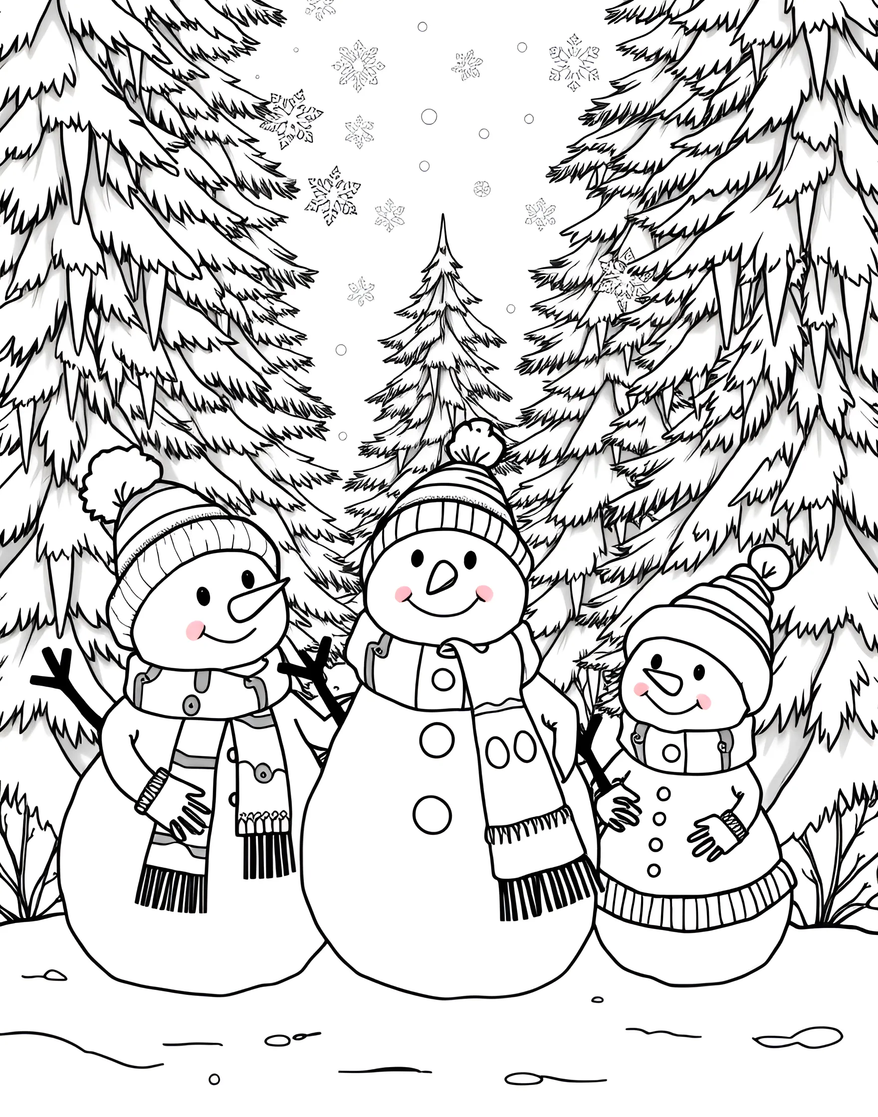 Snowman Family Portrait Coloring Page -- prompt: "A family of three snowmen in a snowy landscape with evergreen trees." -- Create a winter wonderland with this adorable snowman family coloring page. Three snowmen of different sizes stand together, wearing scarves and hats. Snow falls gently around them, with evergreen trees in the background.