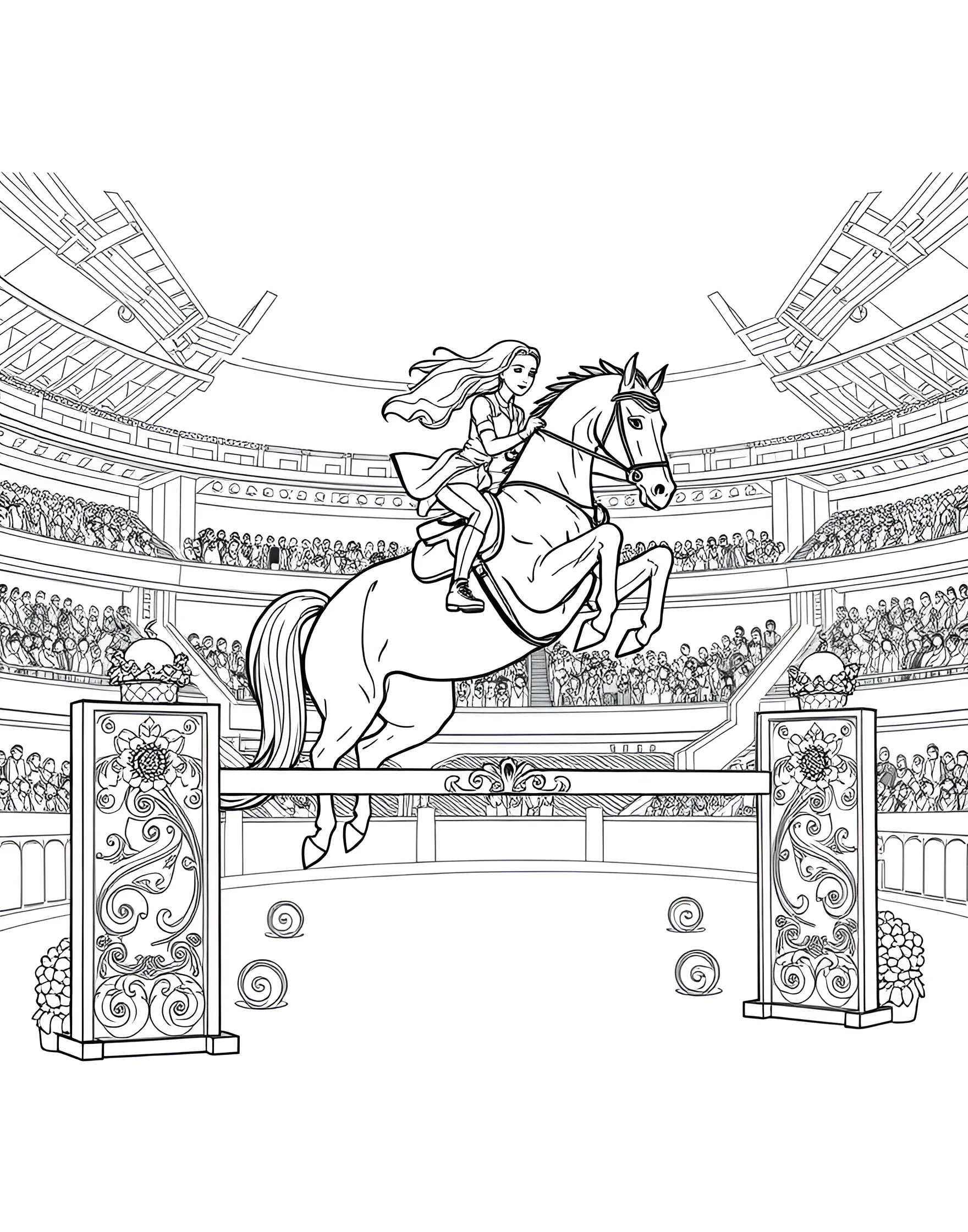 Show Jumping Horse and Rider Coloring Page -- prompt: "A horse and rider jumping over an obstacle in a show jumping arena, with spectators in the background." -- Experience the excitement of equestrian sports with this dynamic show jumping coloring page. The horse and rider are captured mid-leap over a colorful jump, showcasing the athleticism and partnership required in this discipline. The detailed arena setting provides additional elements to bring to life with color.